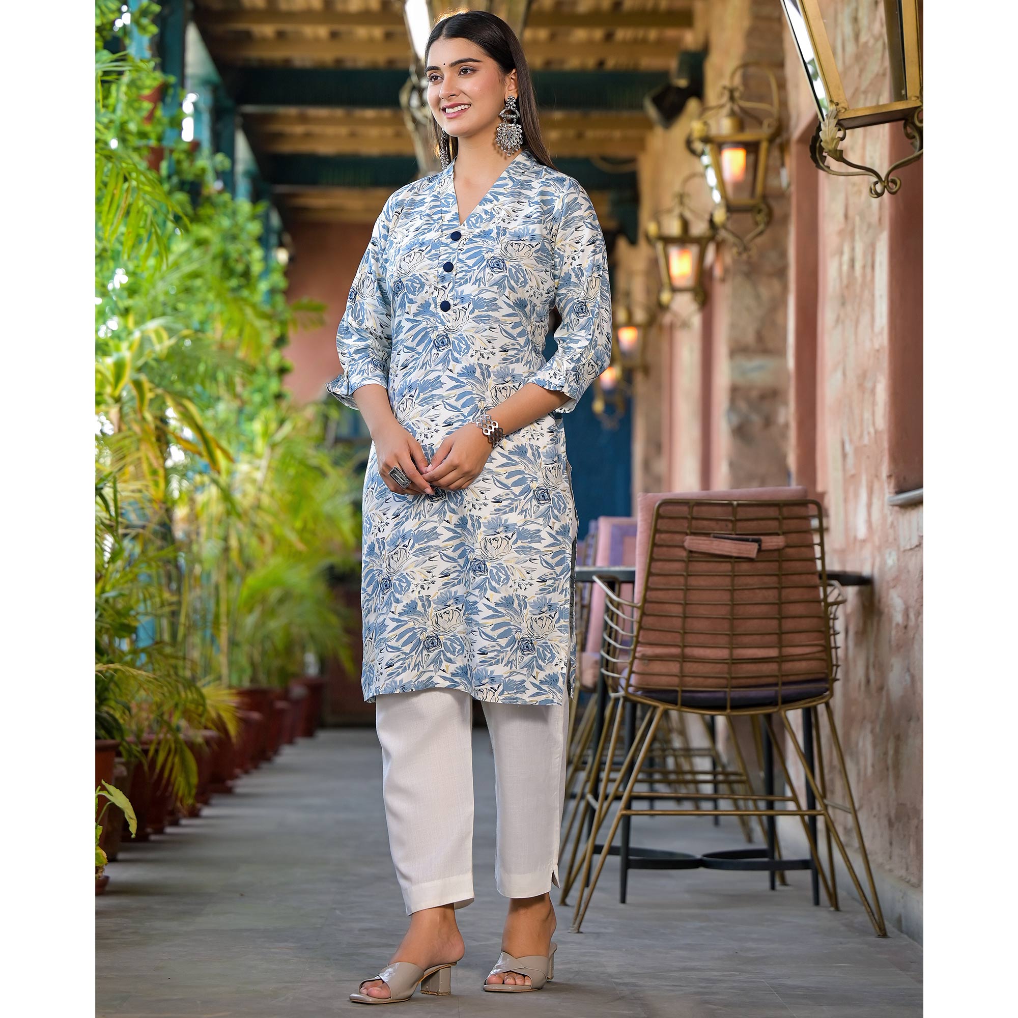 Blue Floral Printed Rayon Kurti