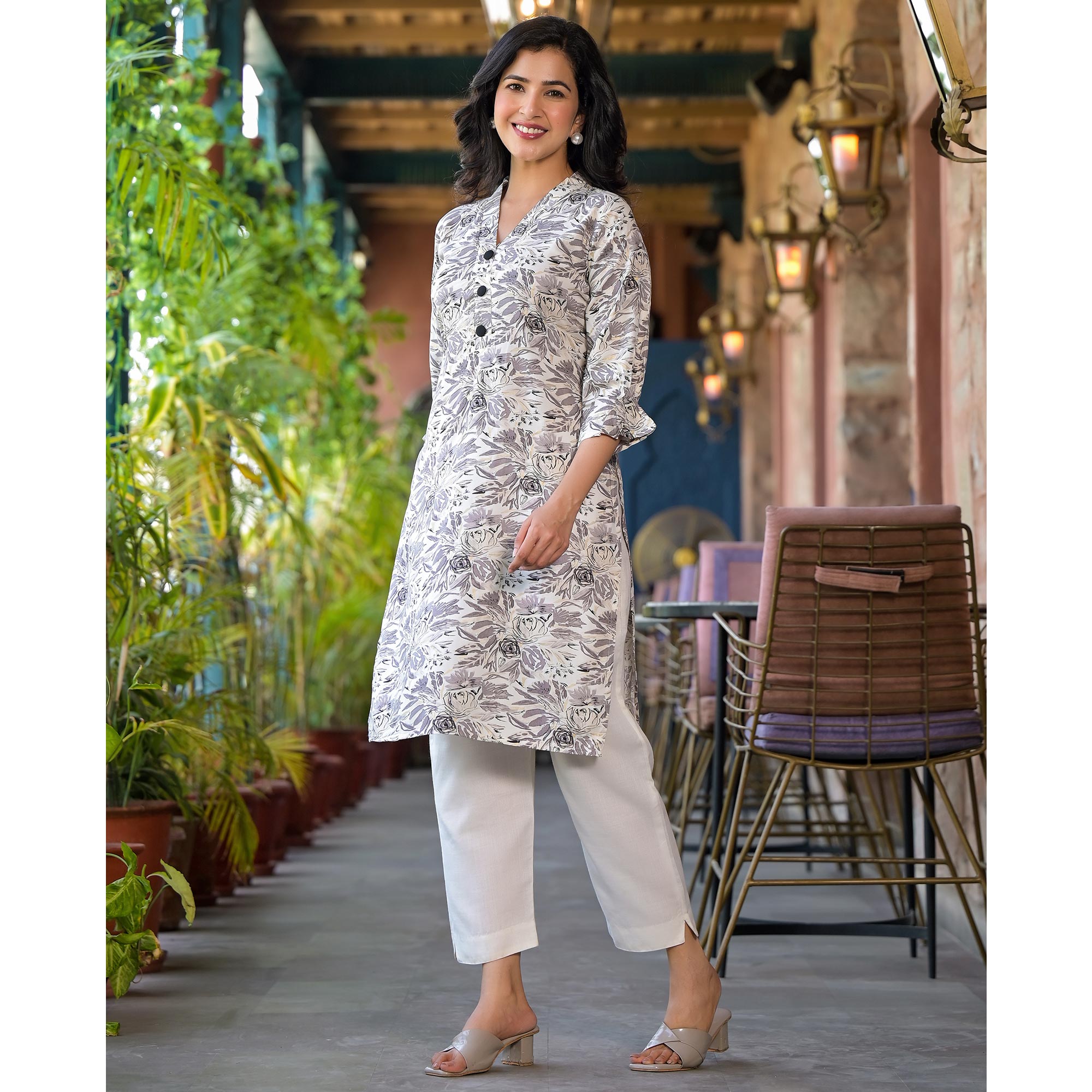 Grey Floral Printed Rayon Kurti