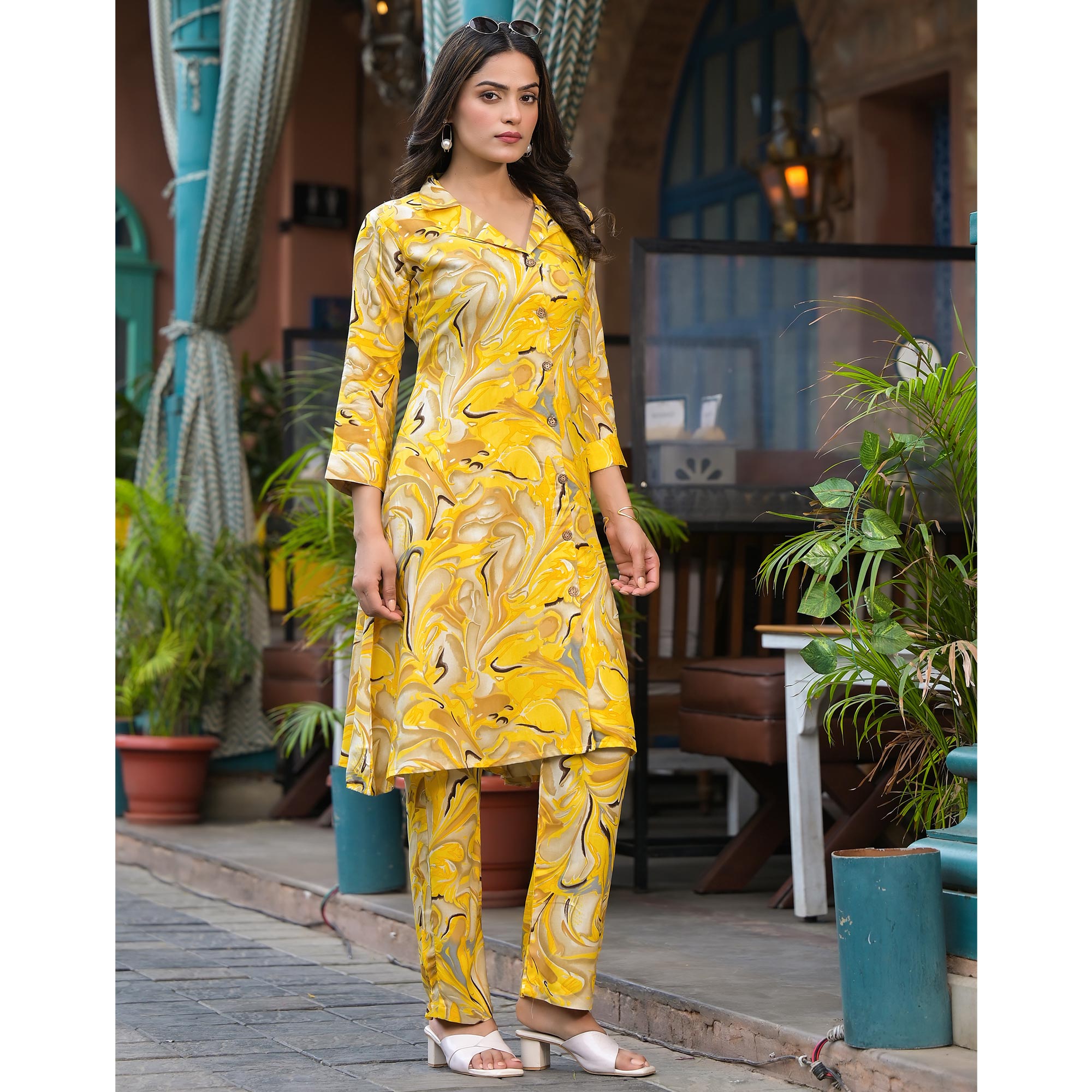 Yellow Foil Printed Rayon Co-Ord Set