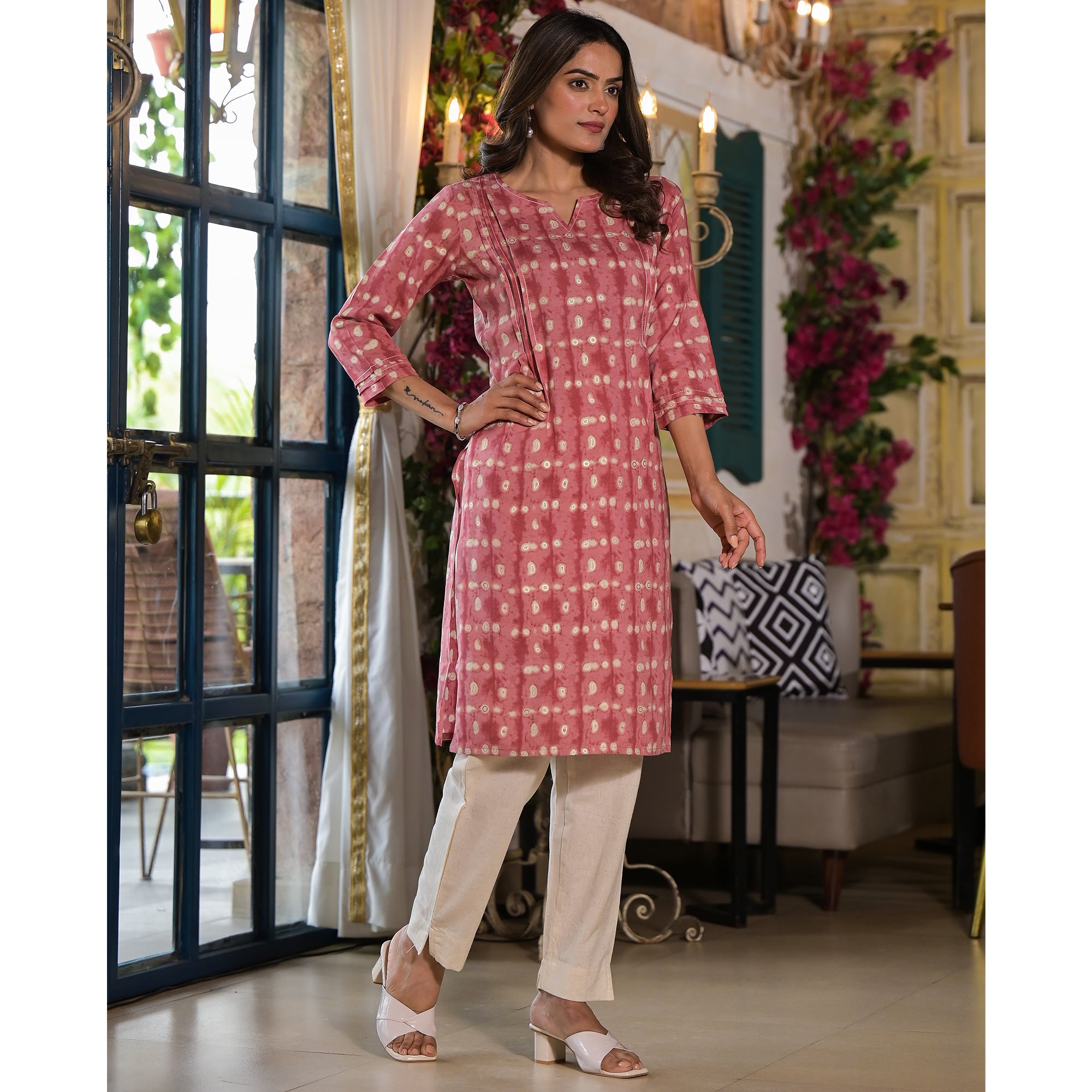 Pink Printed Rayon Straight Kurti