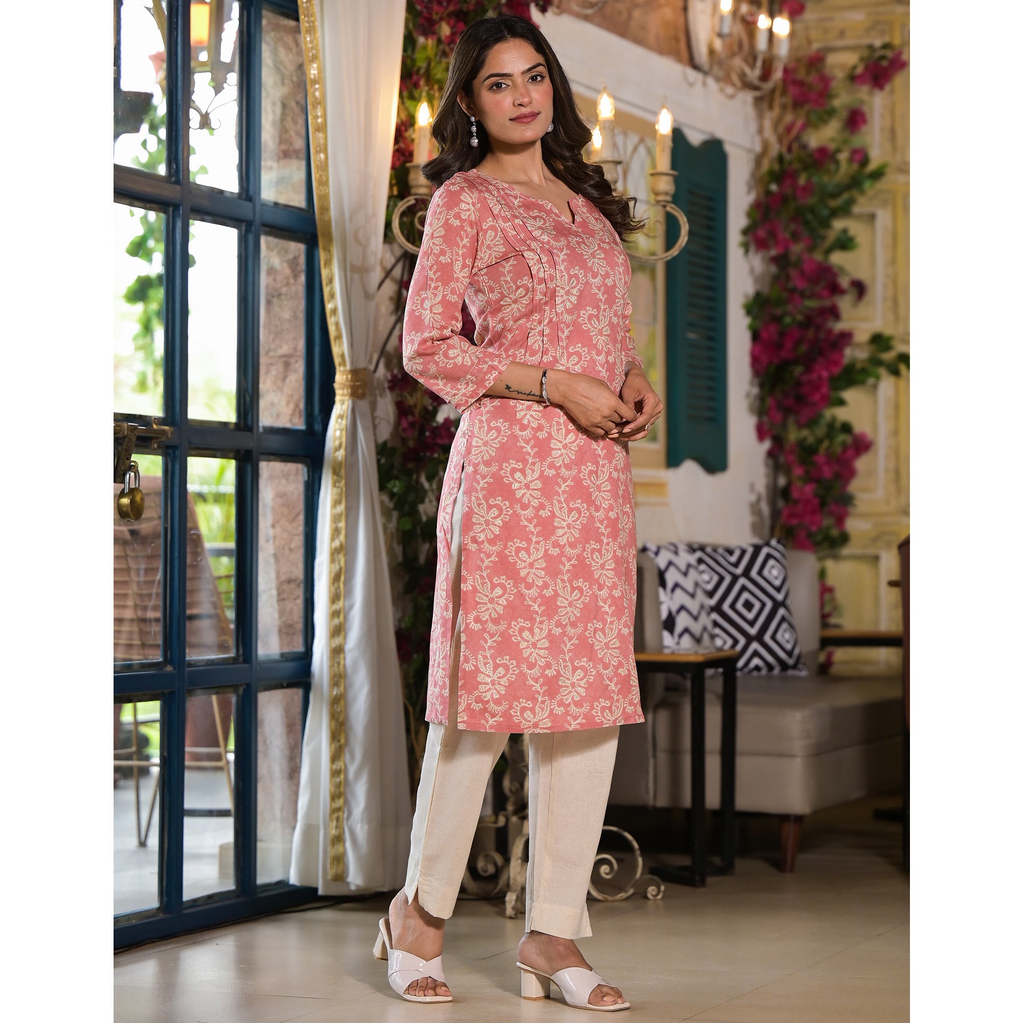 Peach Floral Printed Rayon Straight Kurti