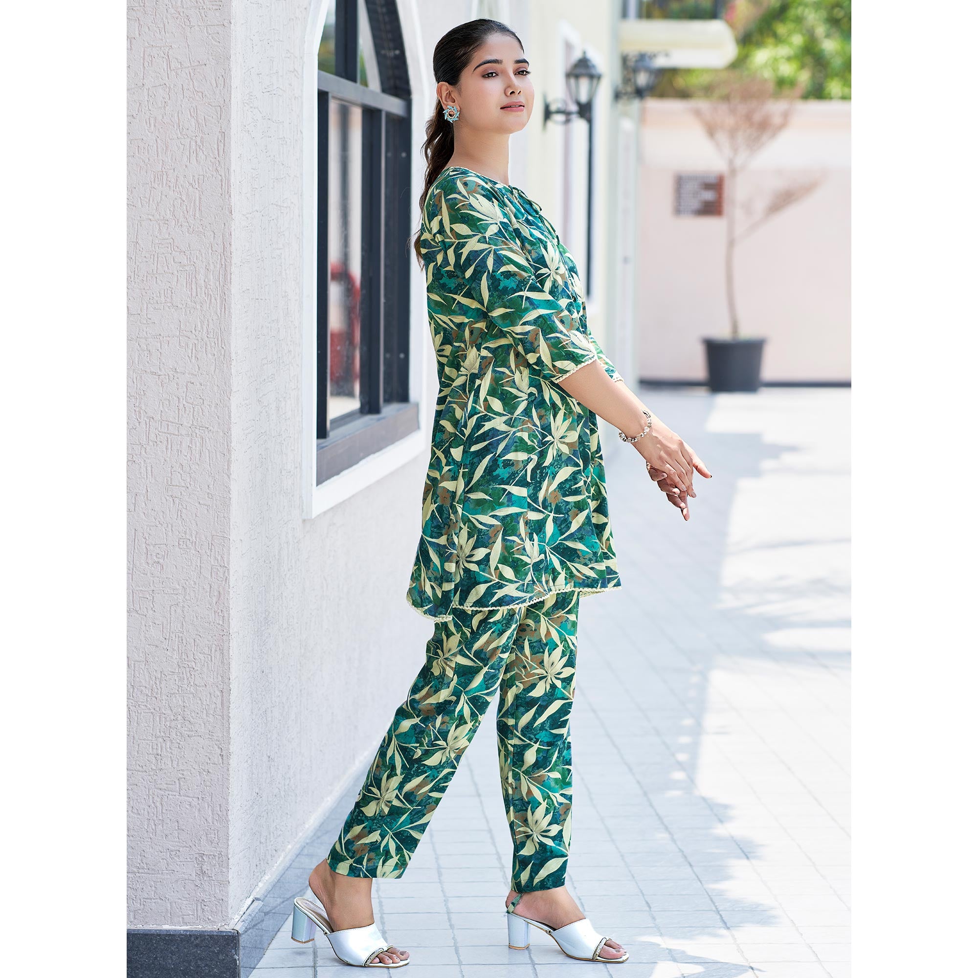 Green Floral Printed Rayon Co-Ord Set