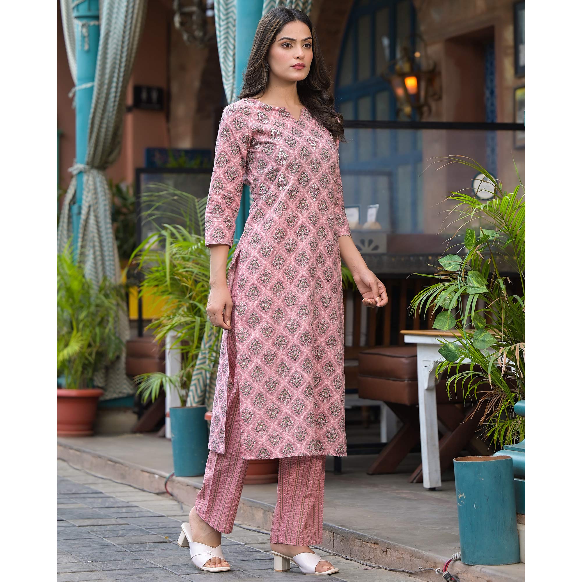 Pink Floral Printed Pure Cotton Kurti Set