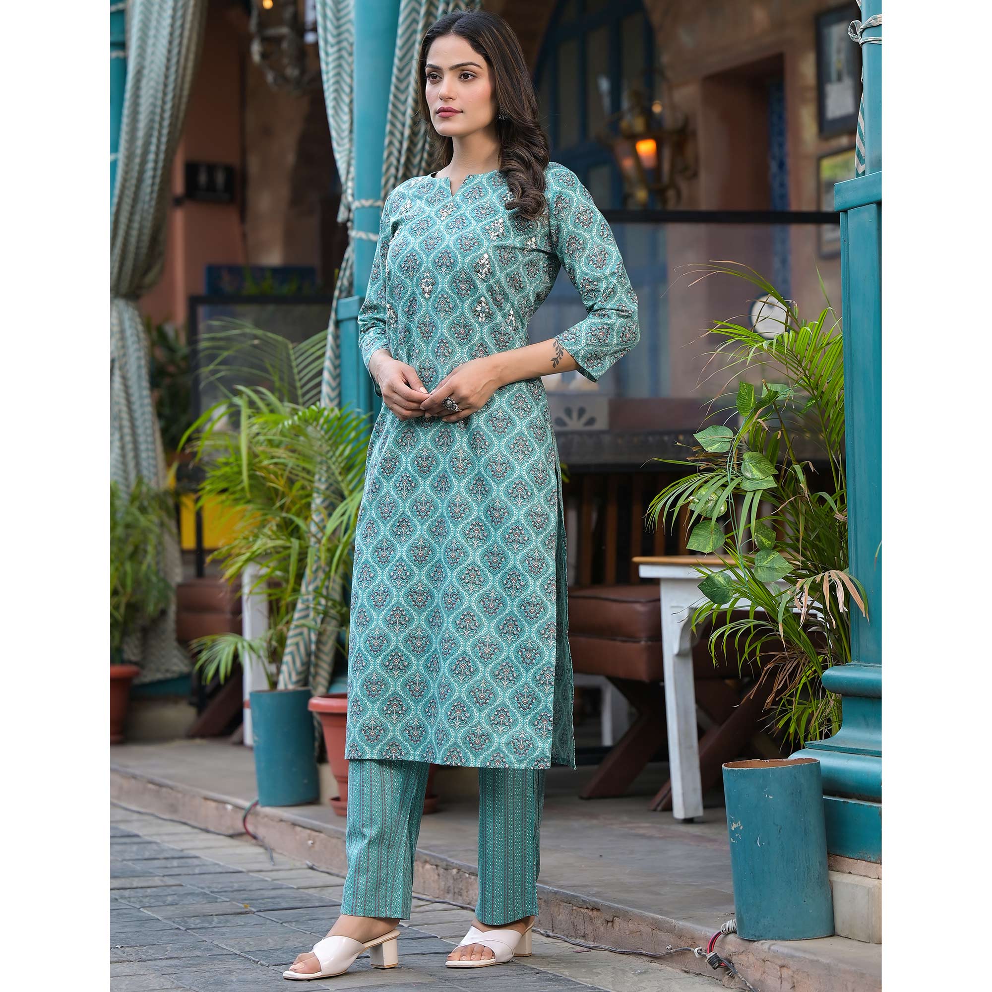 Sea Green Floral Printed Pure Cotton Kurti Set