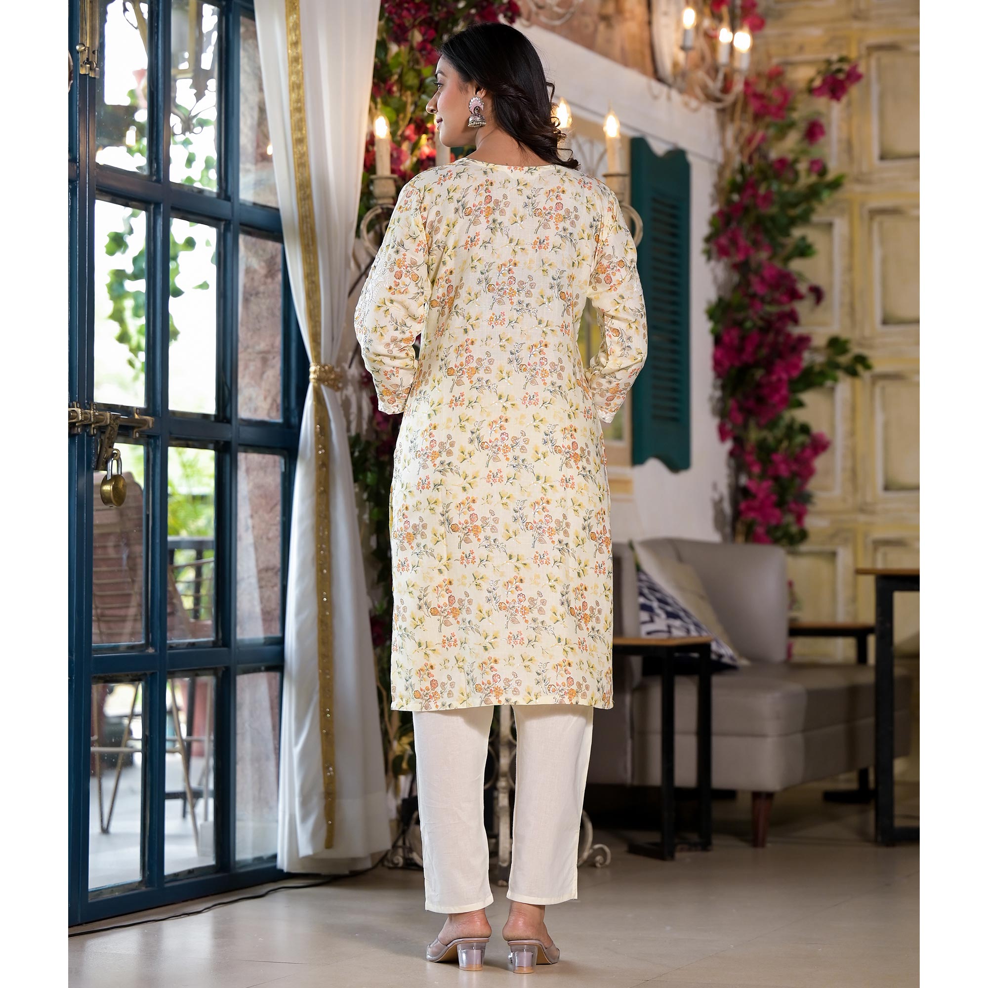 Yellow & Orange Embroidered Rayon Straight Kurti