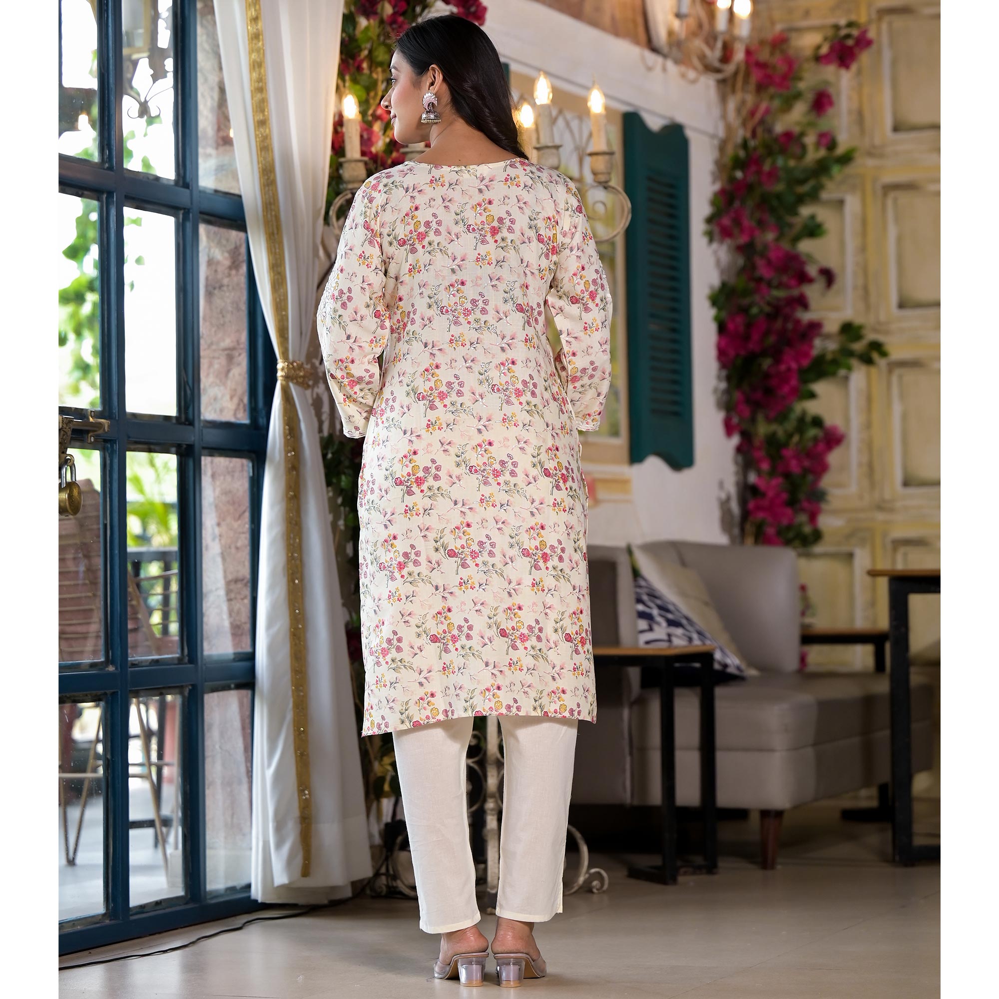 Yellow & Pink Embroidered Rayon Straight Kurti