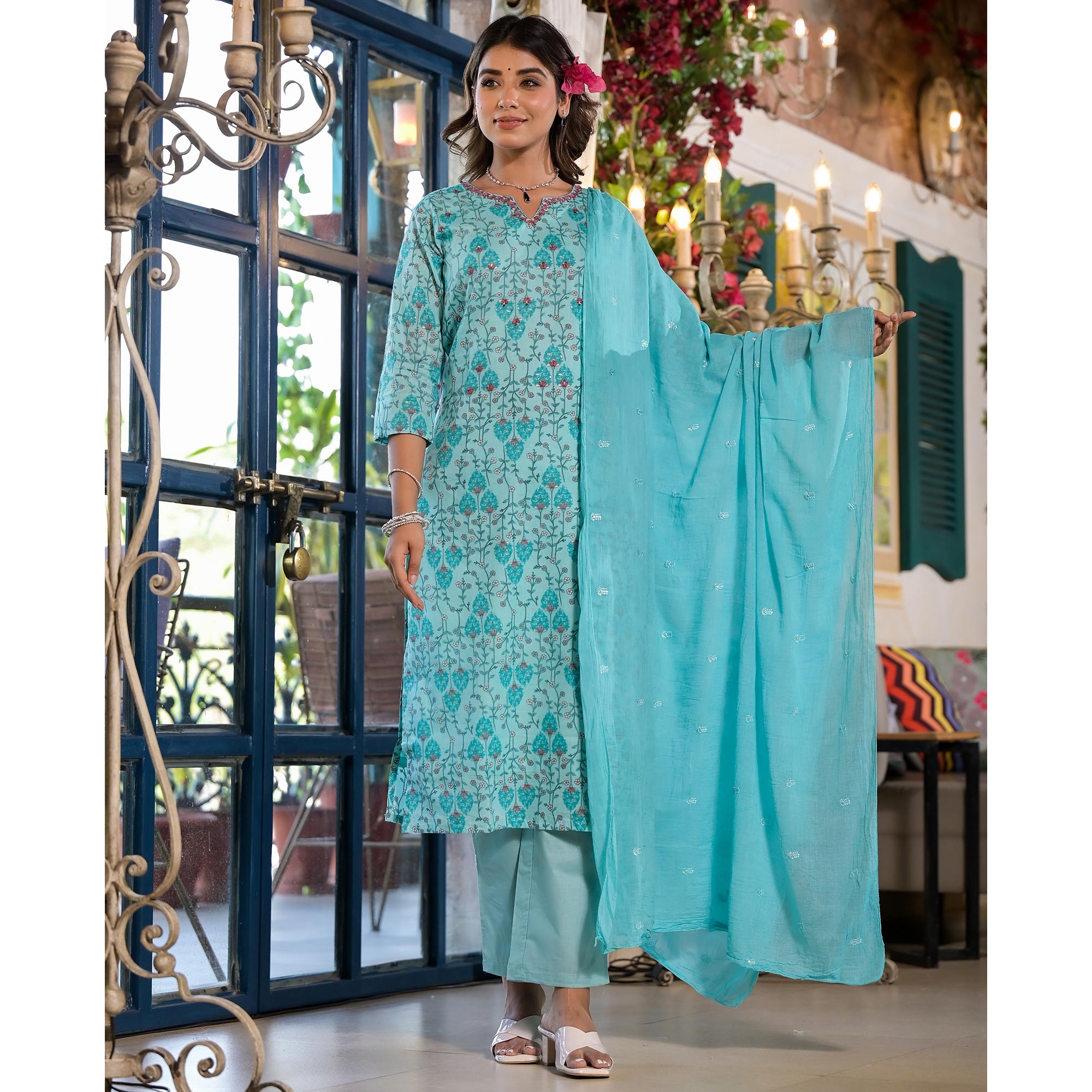 Sky Blue Floral Printed Mulmul Cotton Straight Salwar Suit