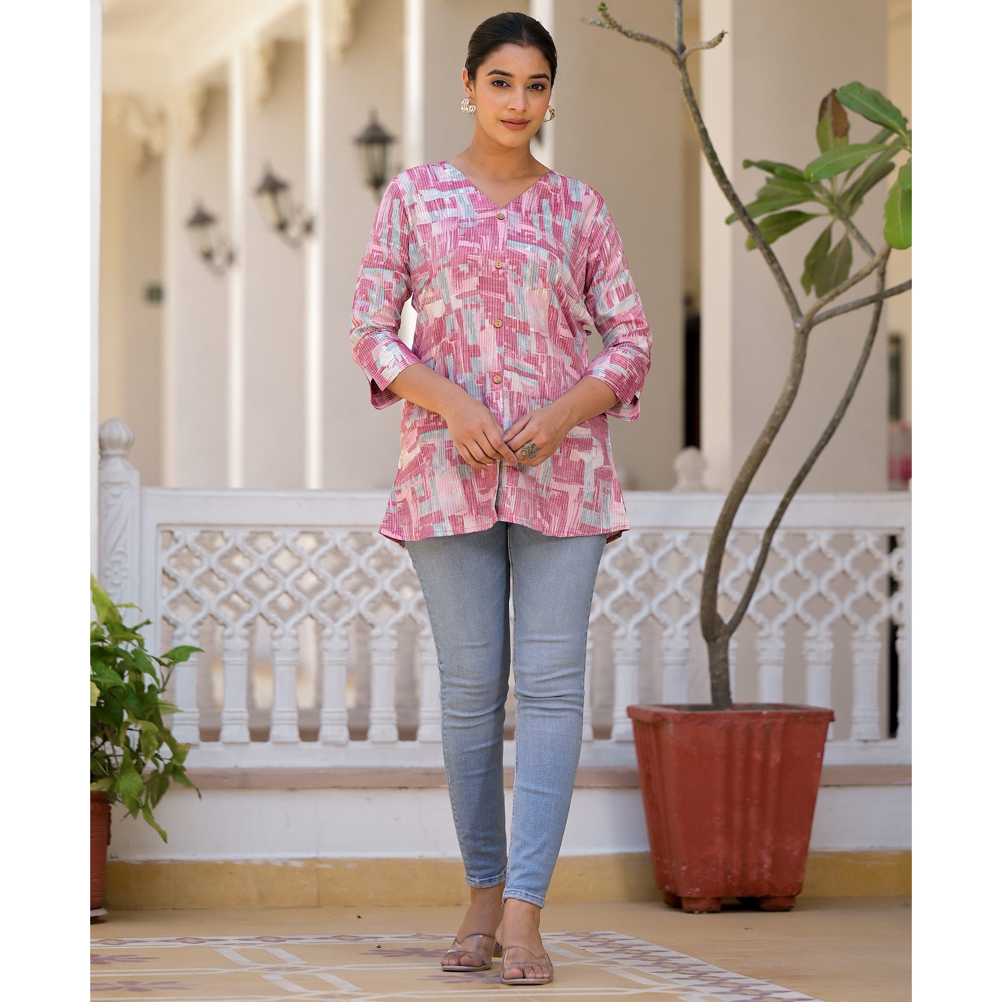 Pink Printed Rayon A-Line Top