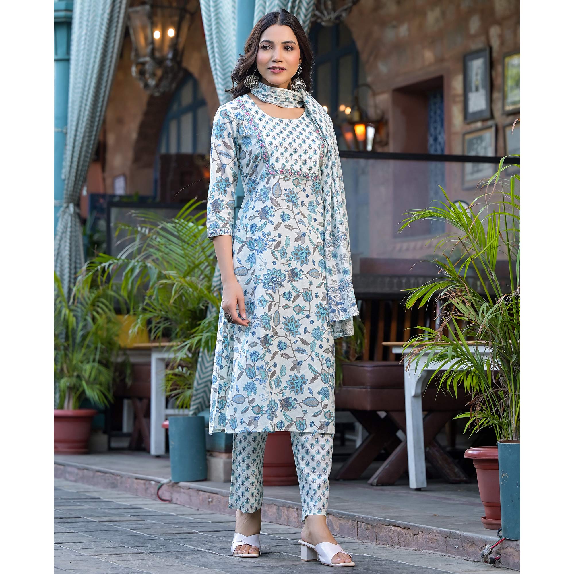 White & Blue Floral Printed Pure Cotton Salwar Suit