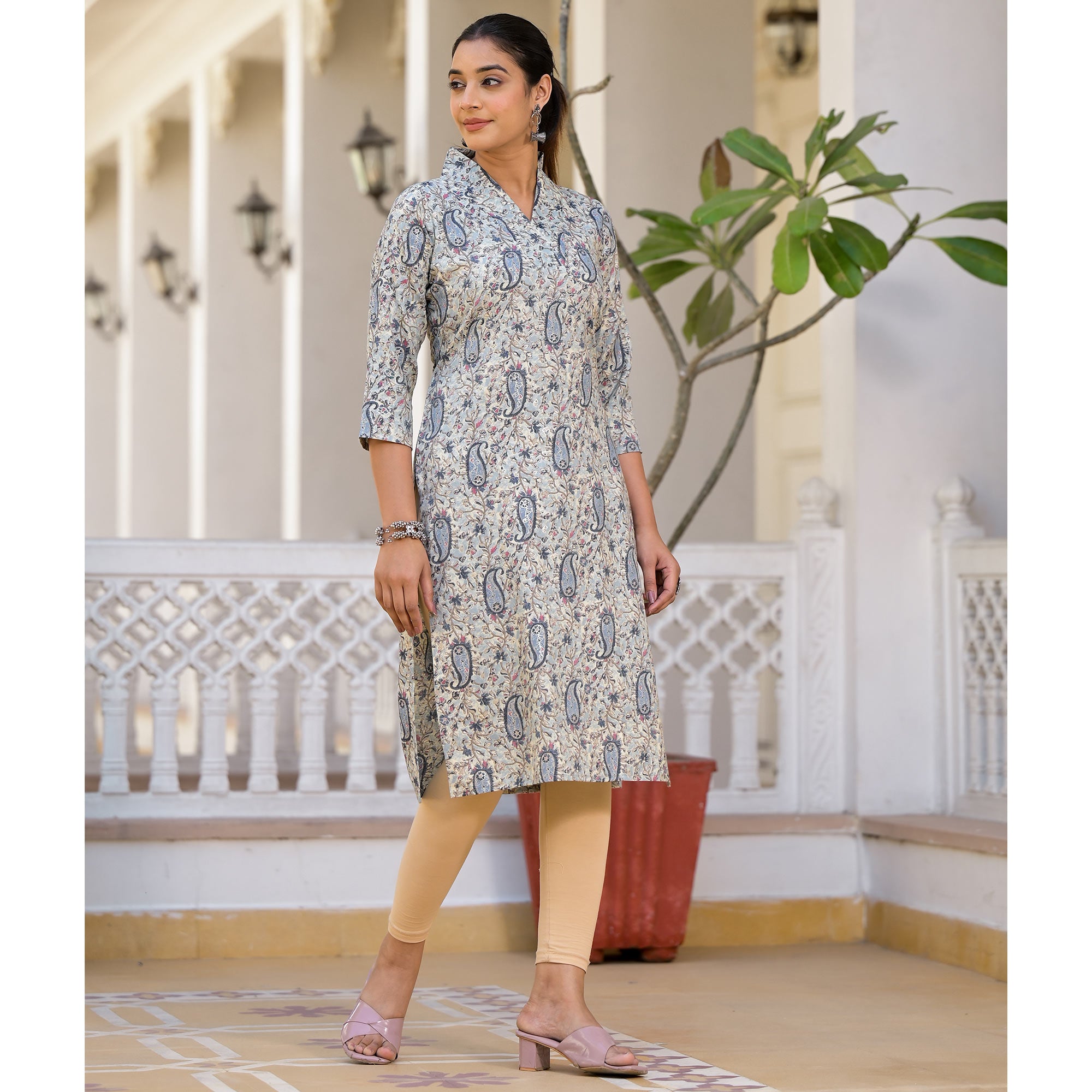 Blue Floral Printed Rayon Straight Kurti