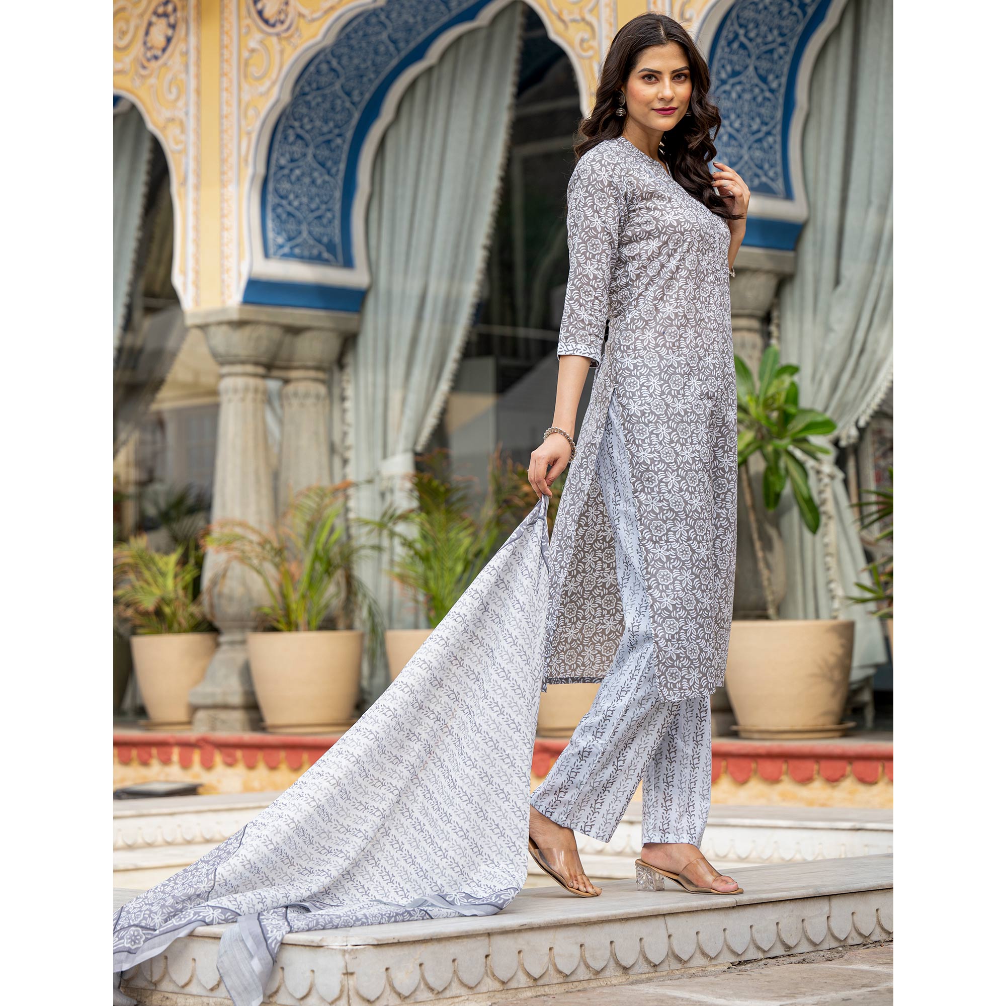Grey Floral Printed Pure Cotton Salwar Suit