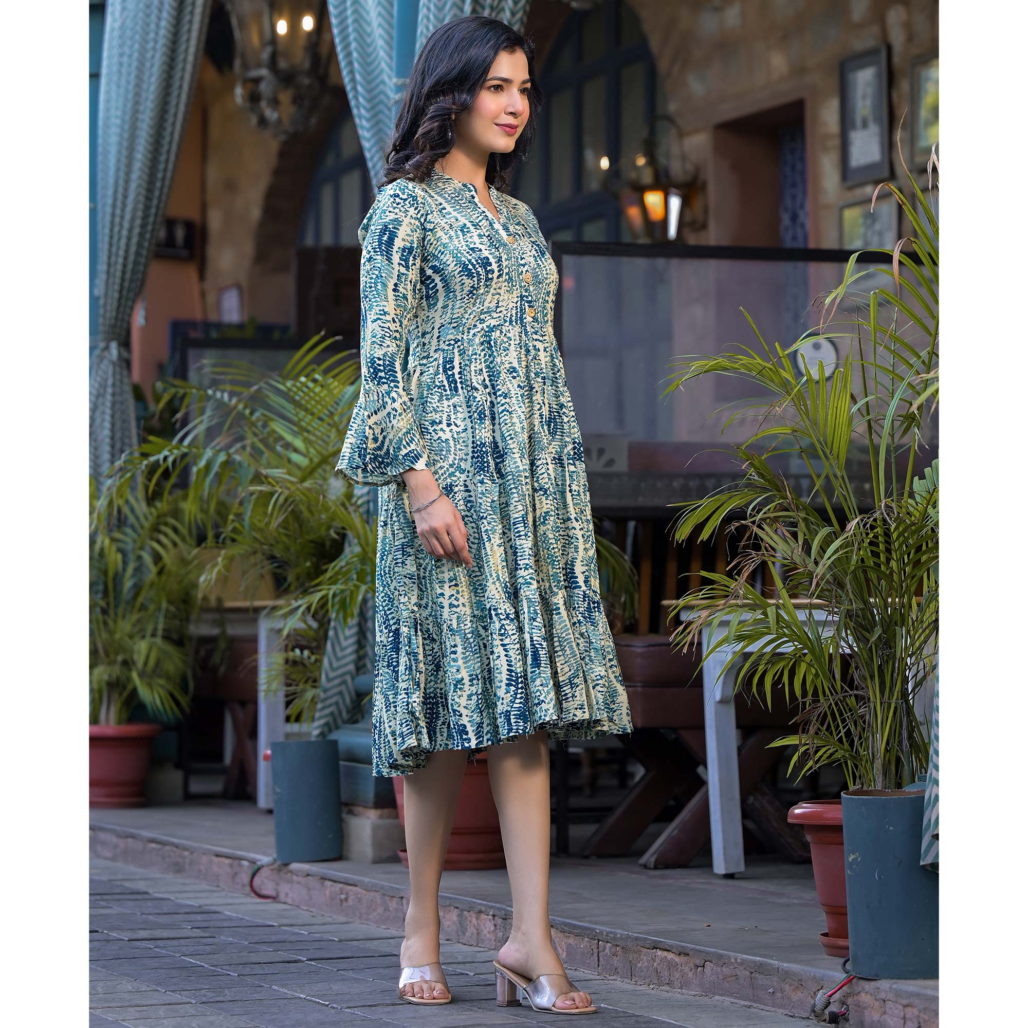 Morpich Blue Printed Rayon Anarkali Dress