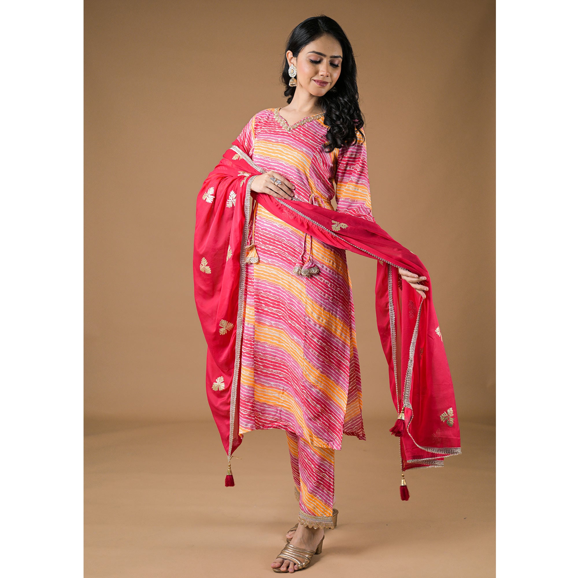 Pink Leheriya Printed Rayon A-line Salwar Suit