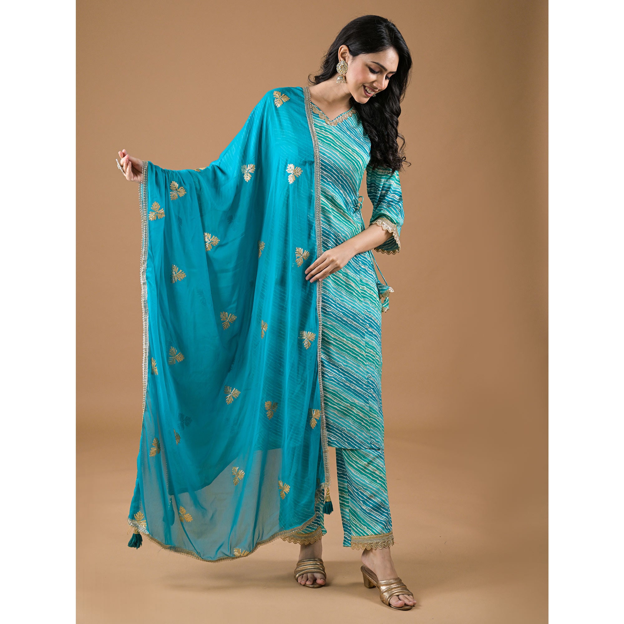 Turquoise Leheriya Printed Rayon A-line Salwar Suit