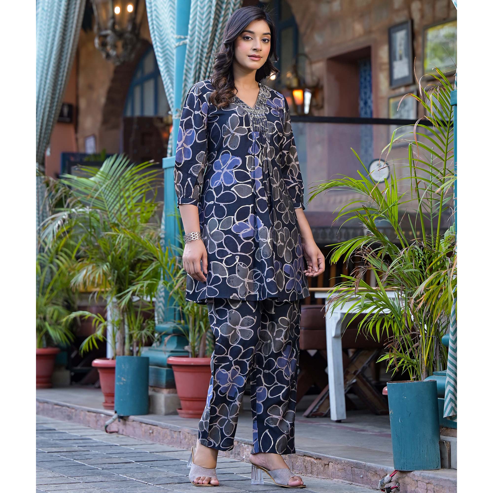 Denim Blue Floral Printed Chanderi Silk Co-Ord Set