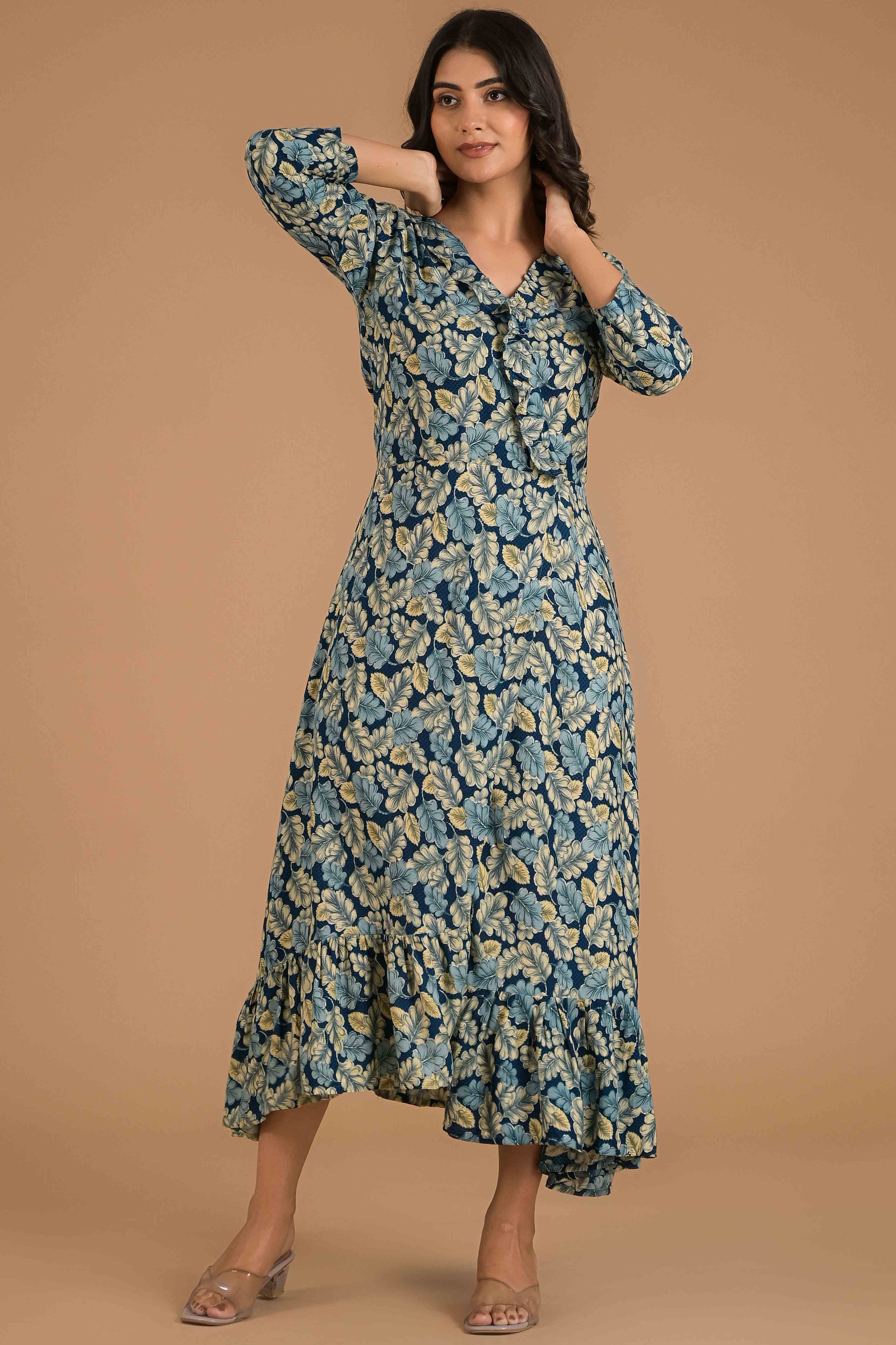 Teal Blue Floral Printed Rayon Maxi Dress