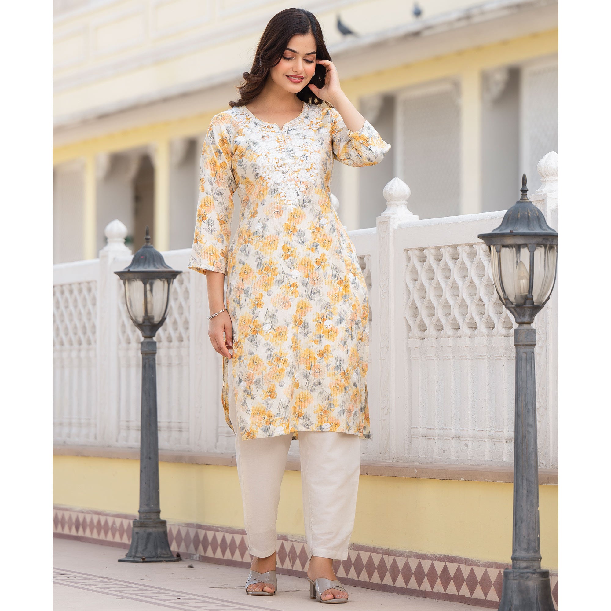 Cream & Mustard Floral Printed Rayon Straight Kurti