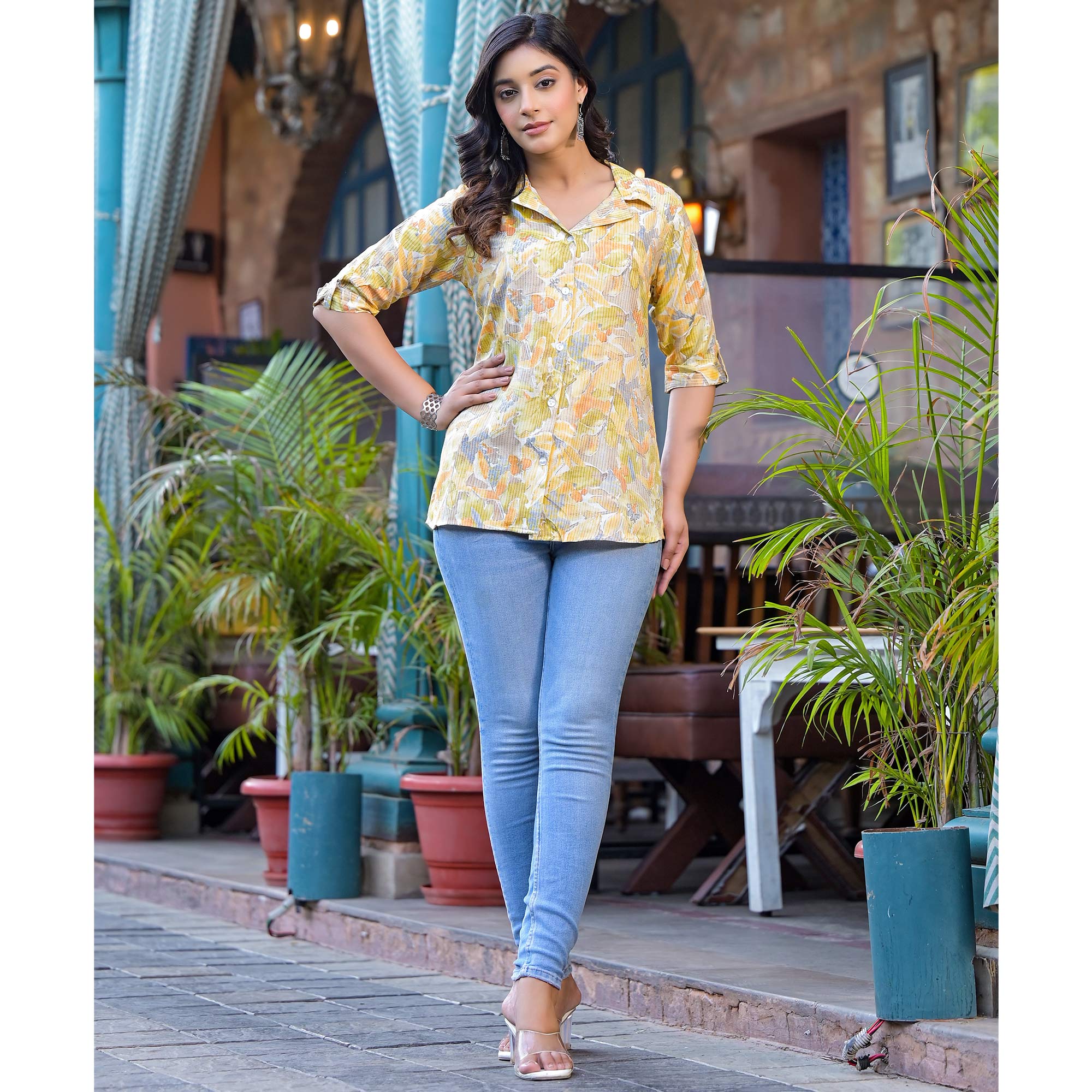 Mustard Foil Printed Rayon Top