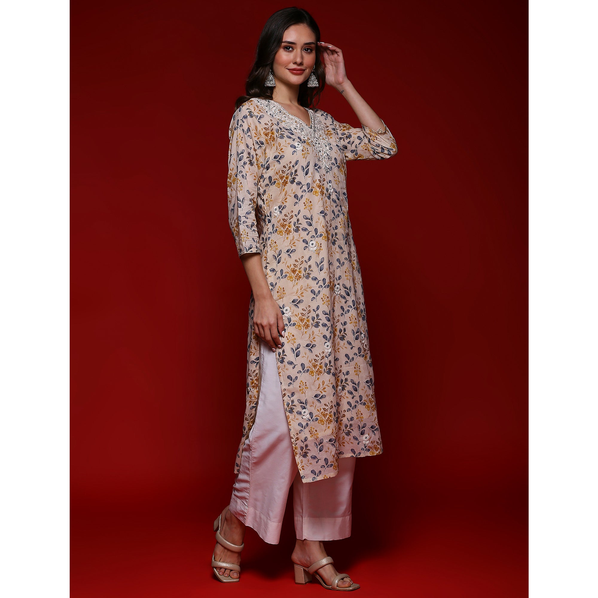 Chikoo Floral Printed Mulmul Cotton Straight Kurti