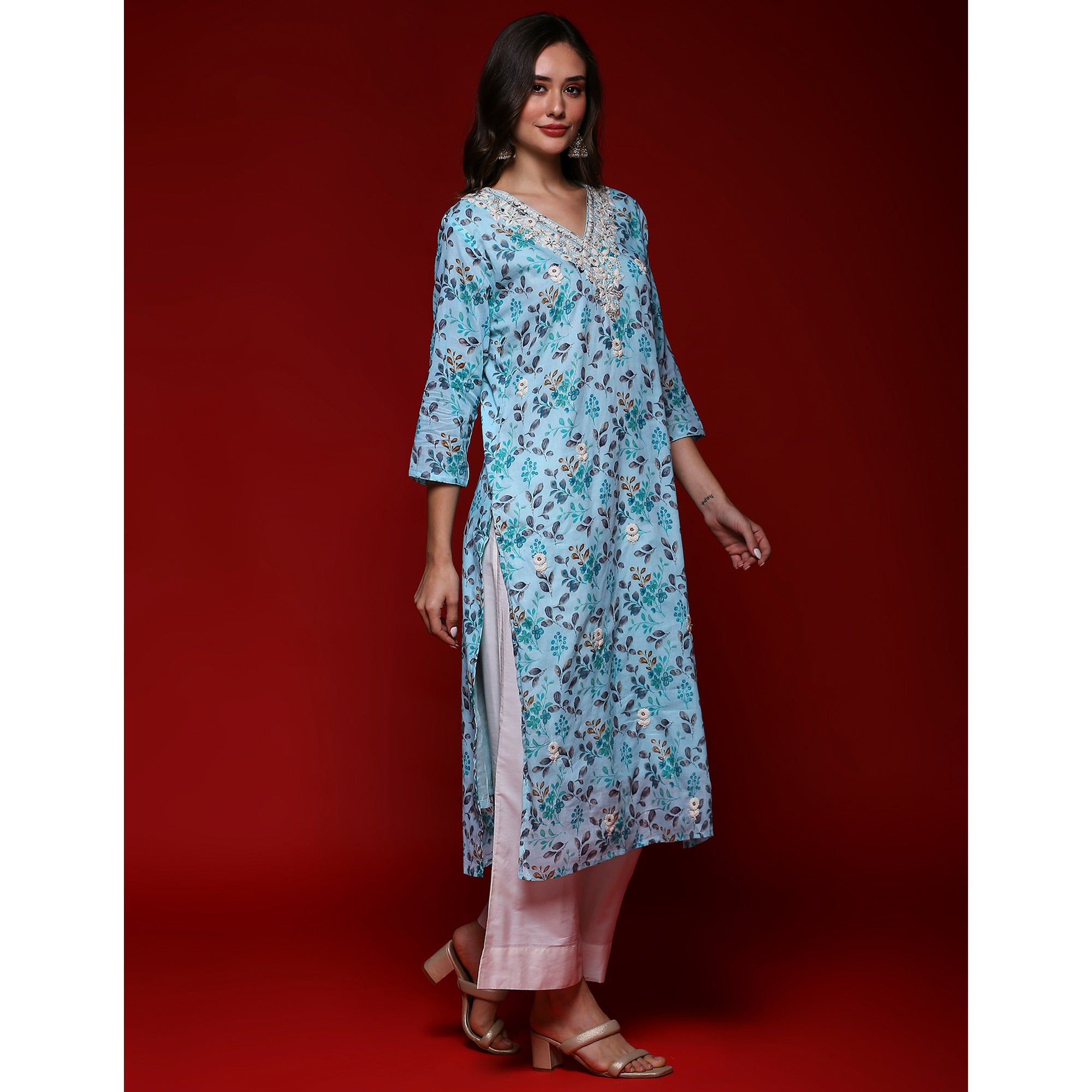 Sky Blue Floral Printed Mulmul Cotton Straight Kurti