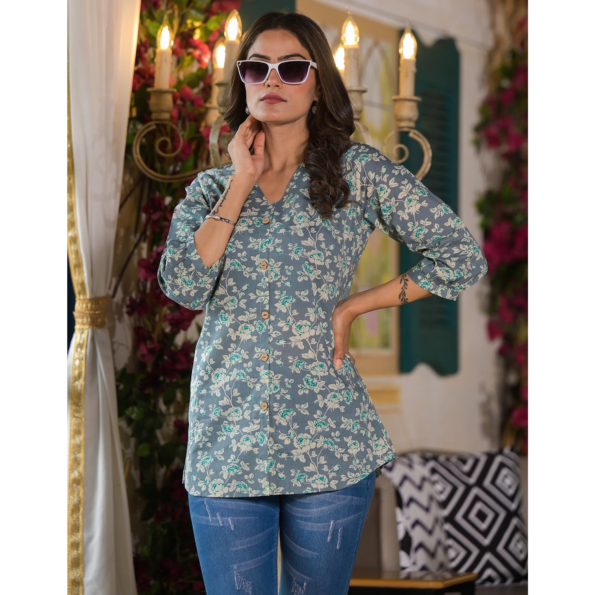 Grey Floral Printed Pure Cotton Top