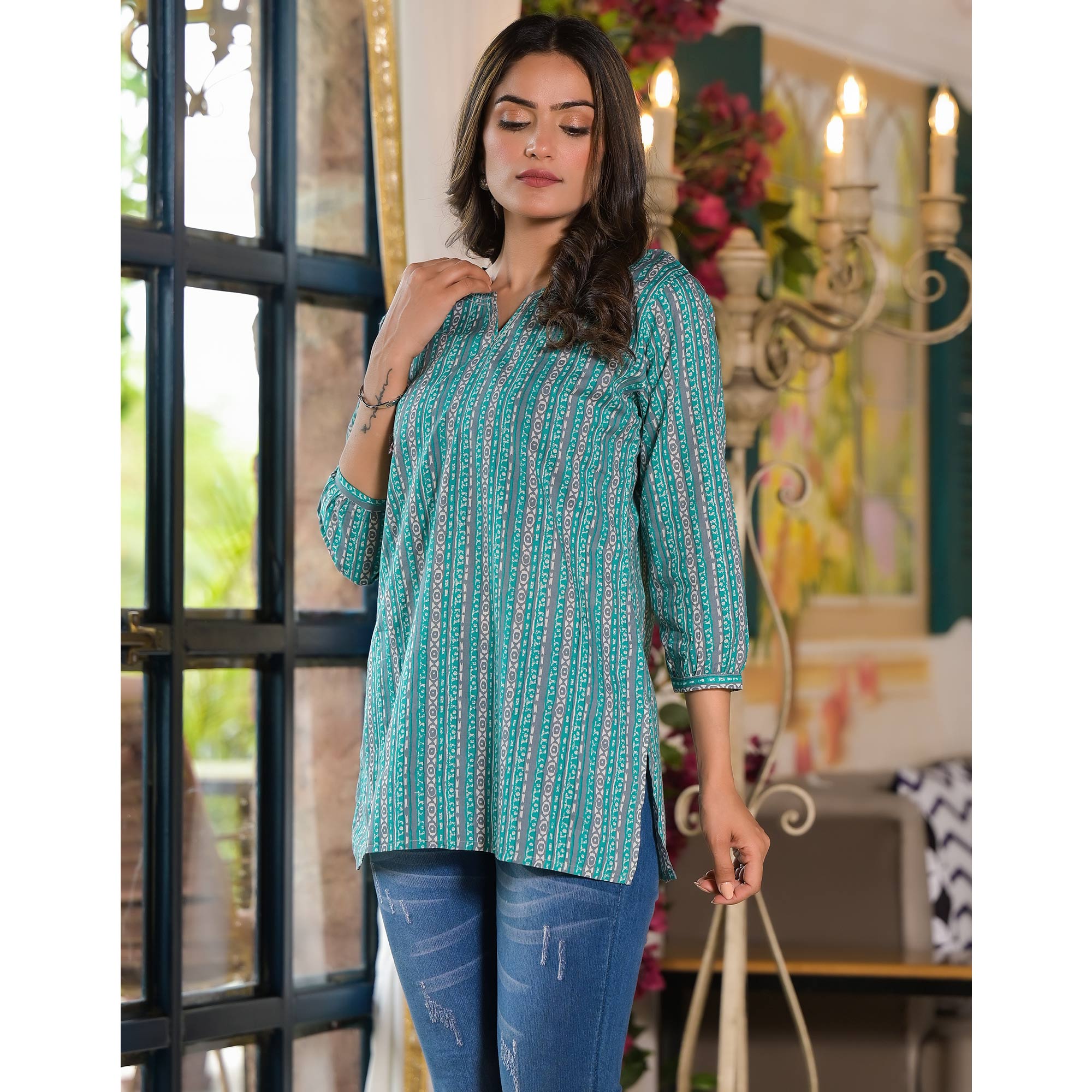 Turquoise Printed Pure Cotton Top