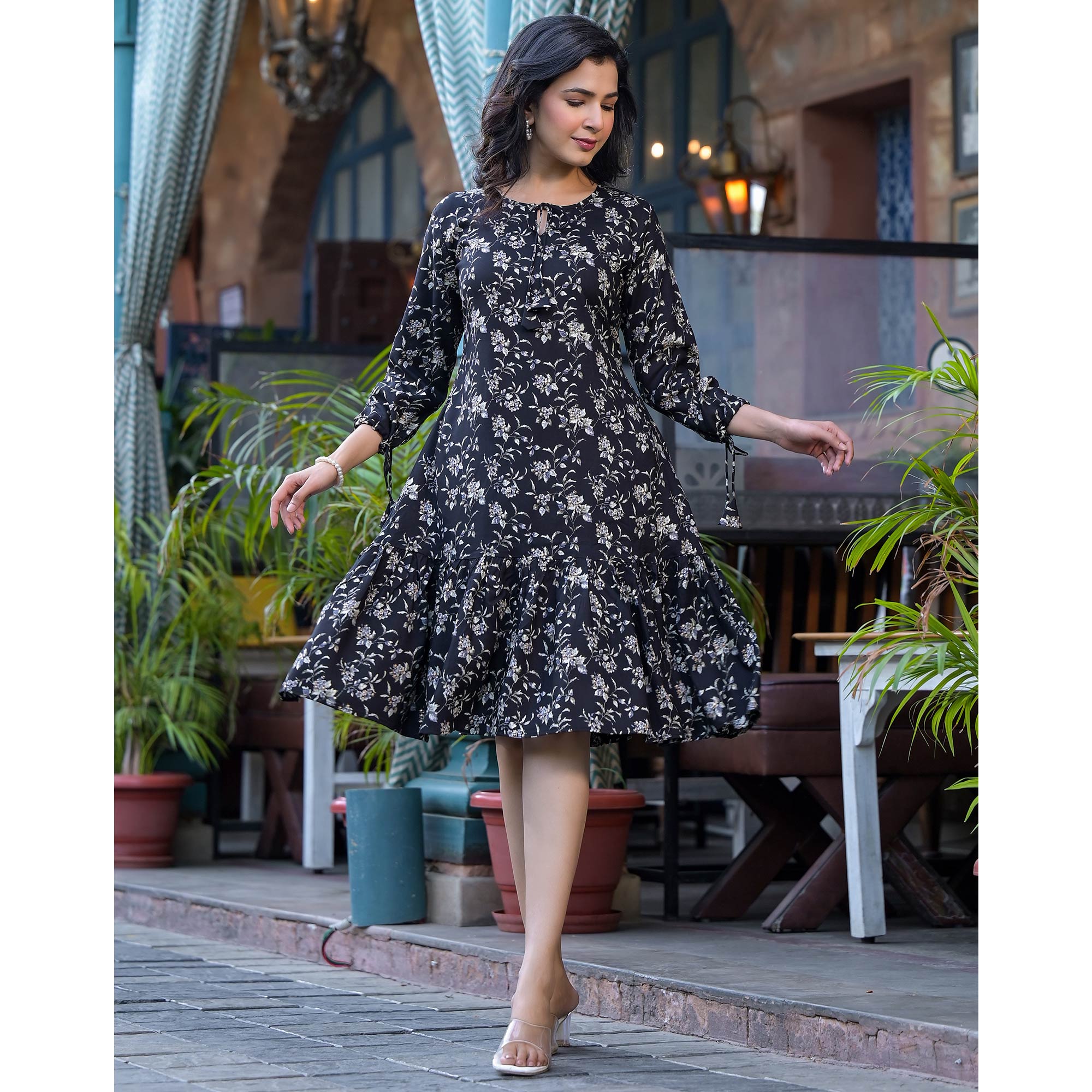 Black Floral Printed Rayon A-Line Dress