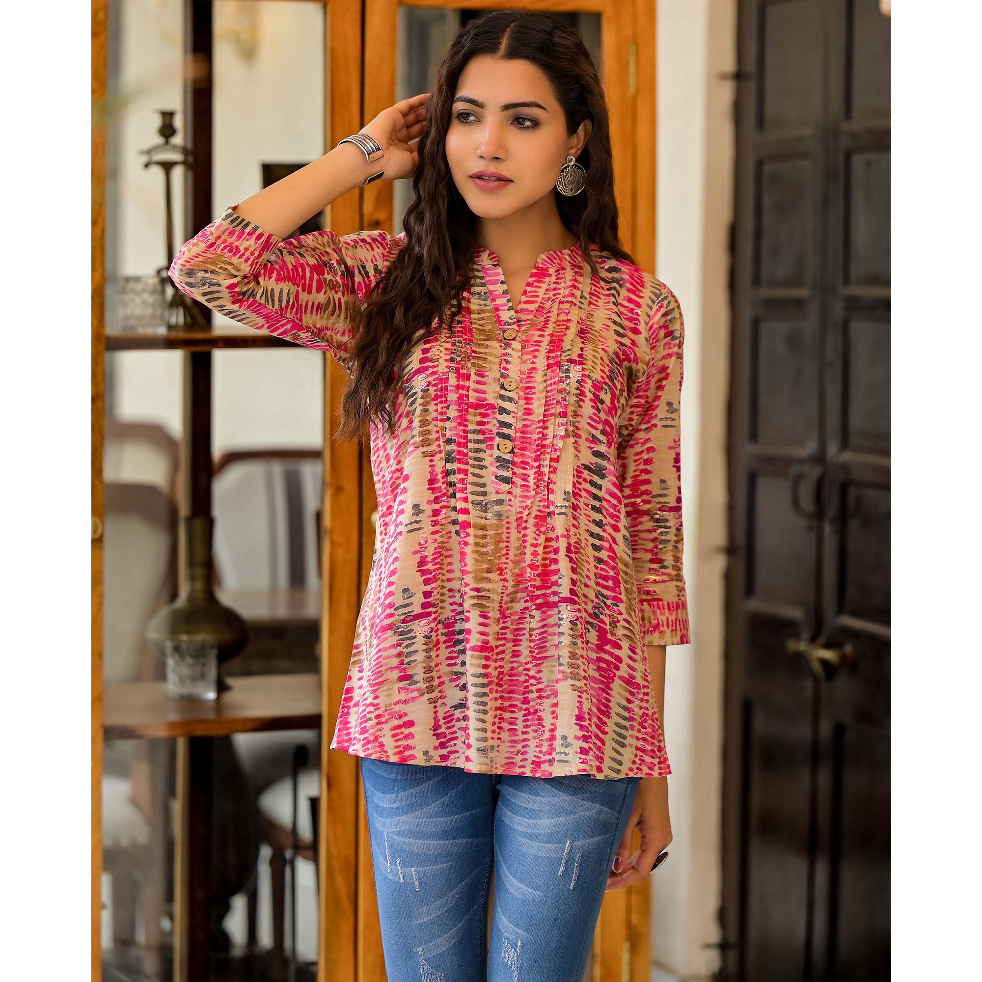 Rani Pink Foil Printed Pure Cotton A-Line Top