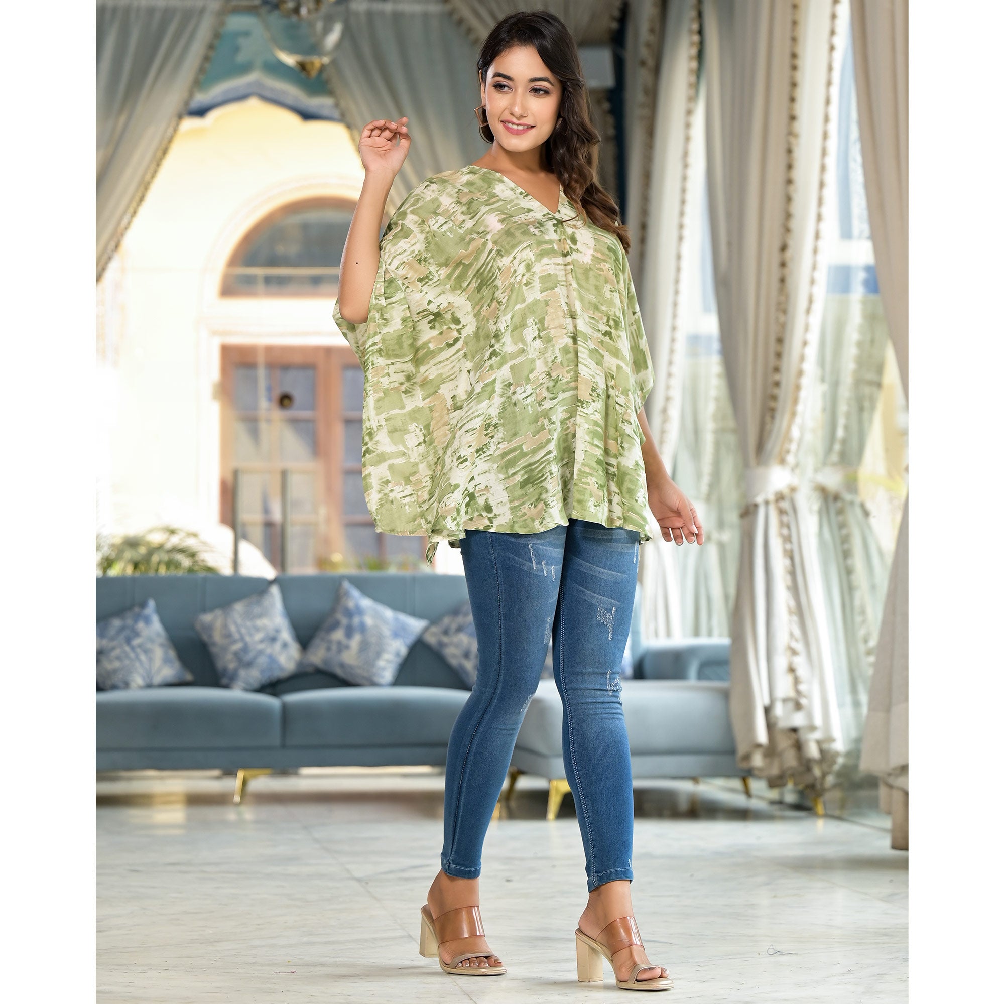 Olive Foil Printed Chanderi Silk Kaftan Top