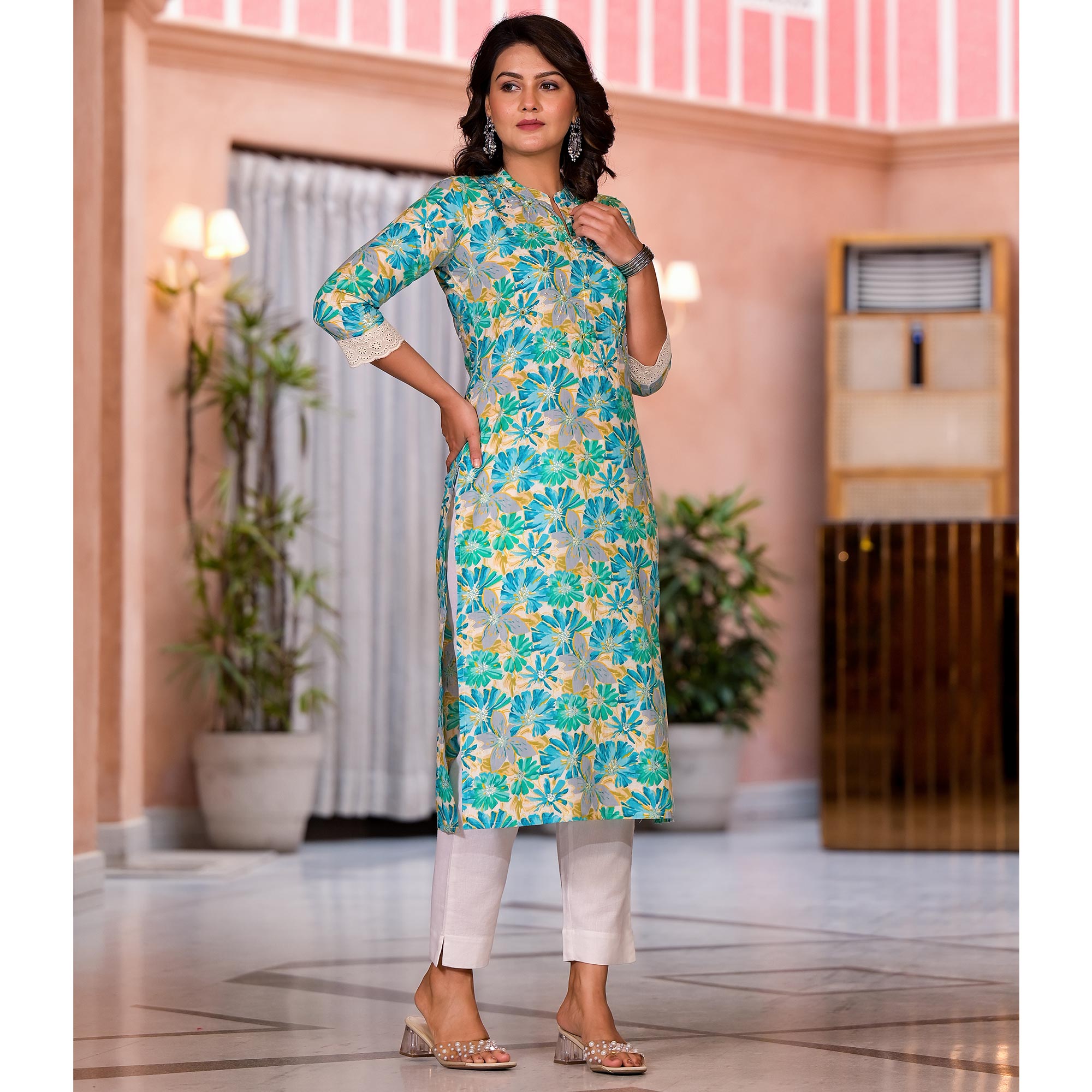 Blue Floral Printed Pure Cotton Straight Kurti