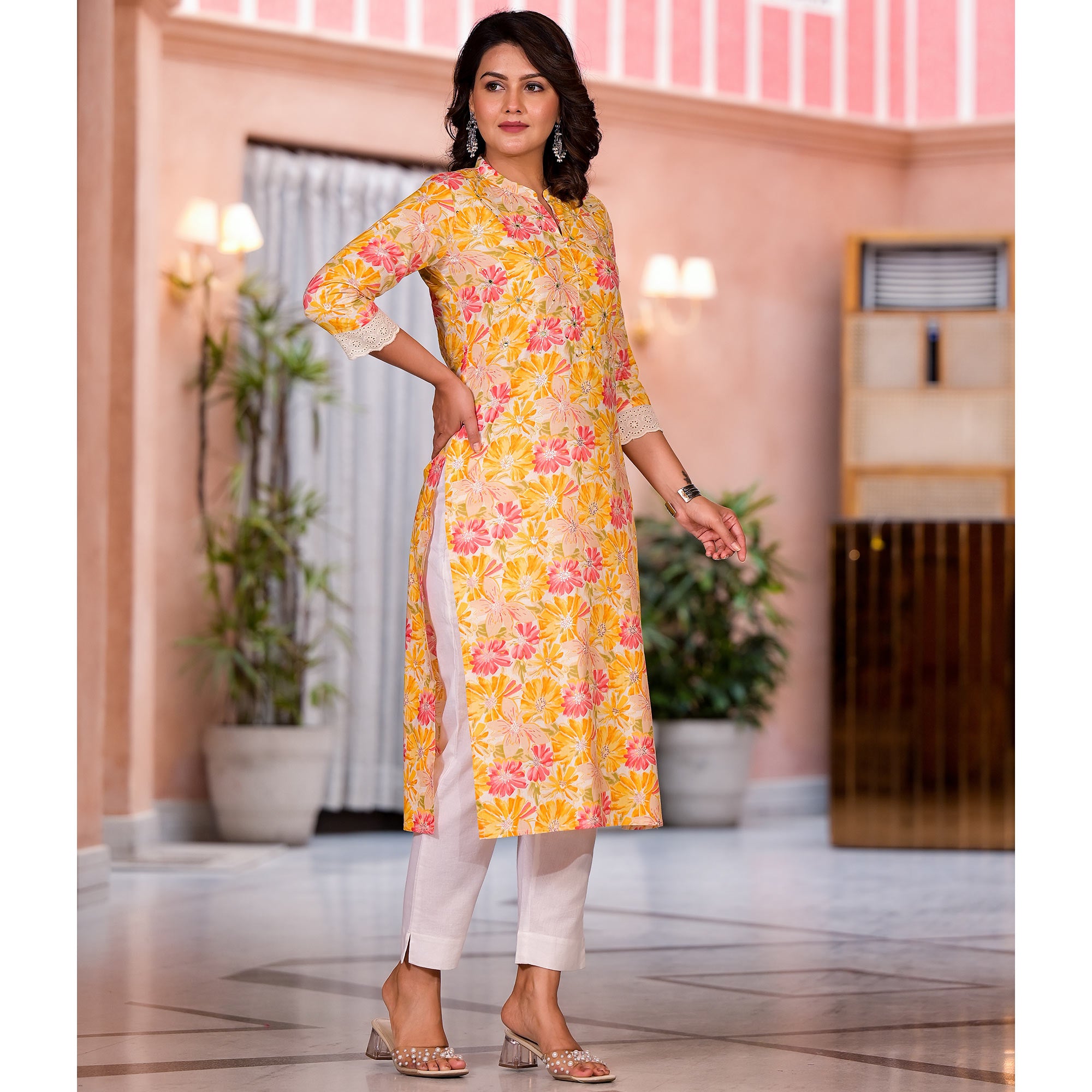 Yellow Floral Printed Pure Cotton Straight Kurti