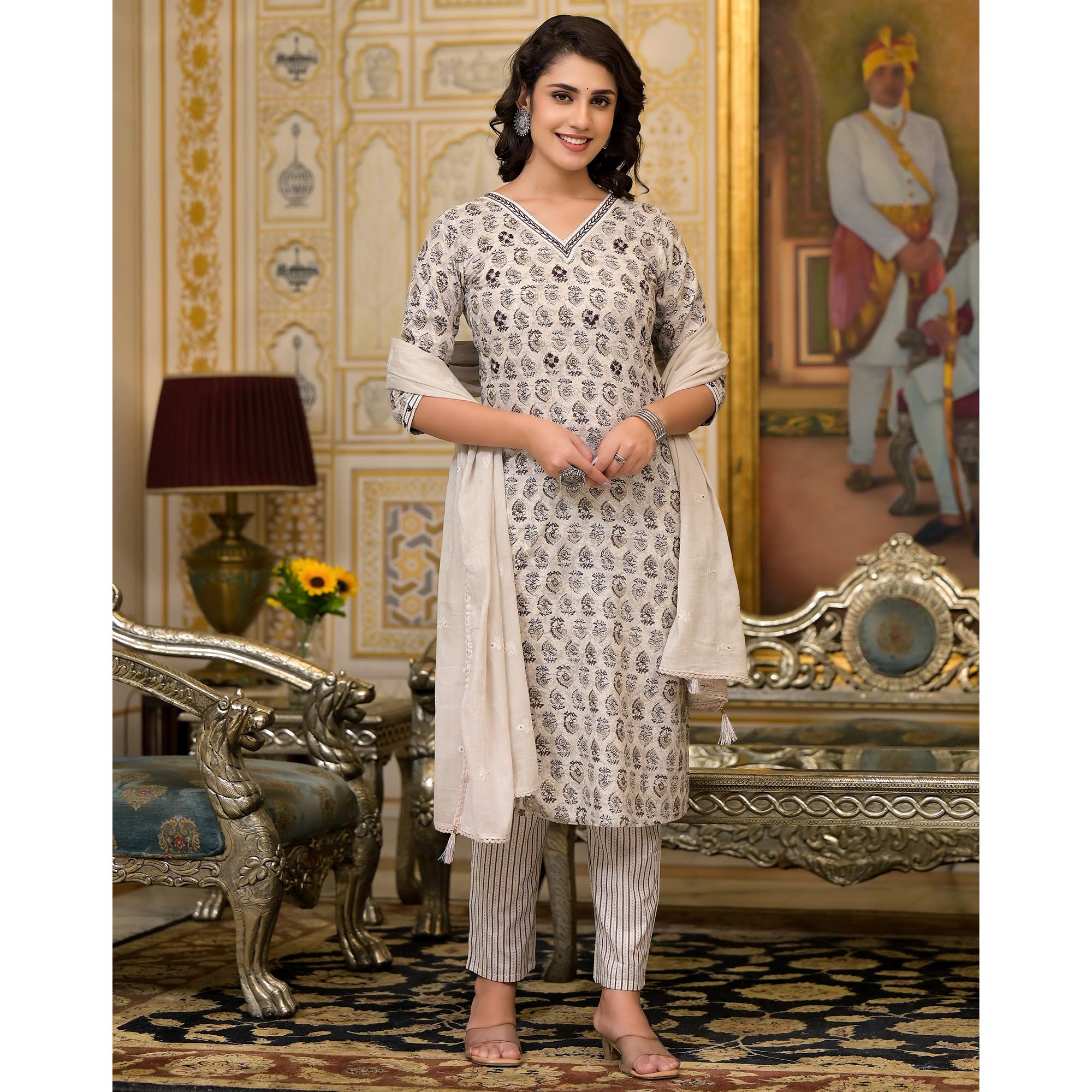 Dark Grey Floral Printed Pure Cotton Straight Salwar Suit