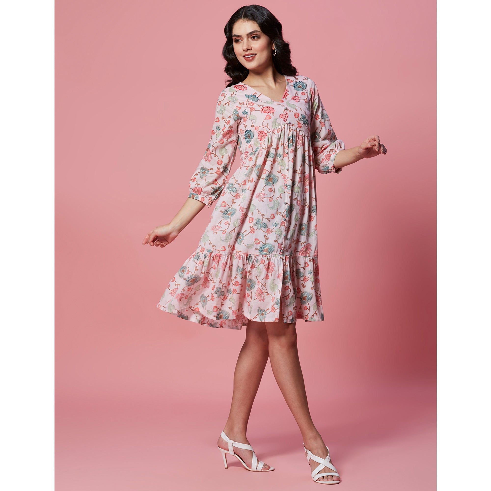 Peach Floral Printed Pure Cotton Dress