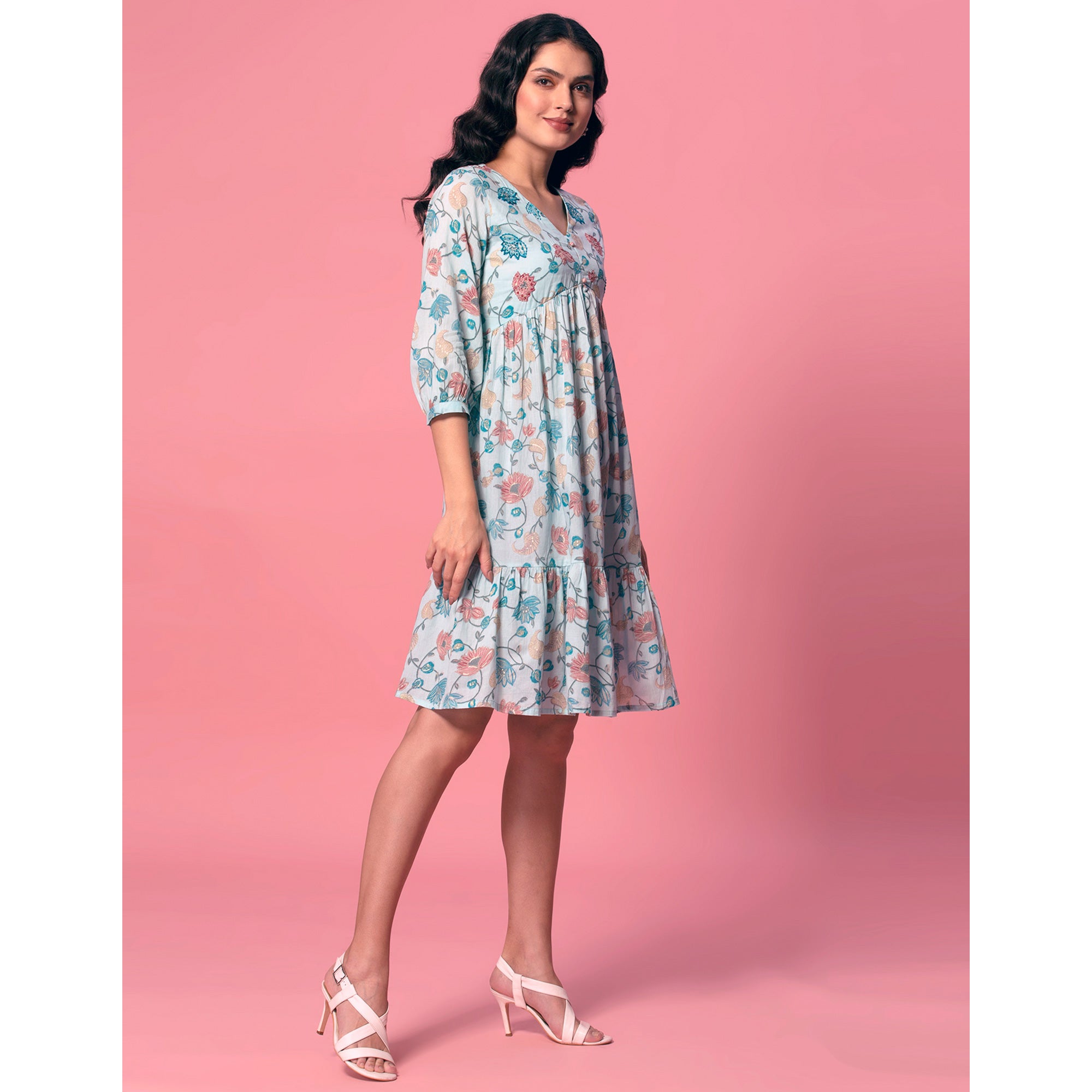 Turquoise Floral Printed Pure Cotton Dress