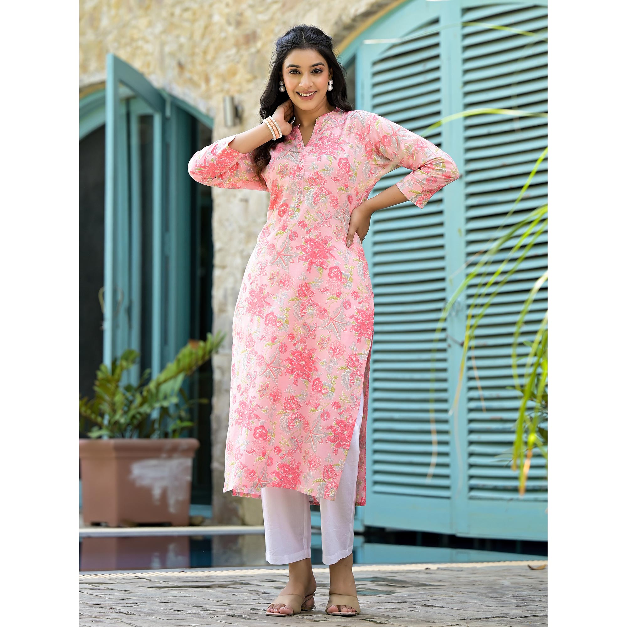 Peach Floral Printed Pure Cotton Straight Kurti