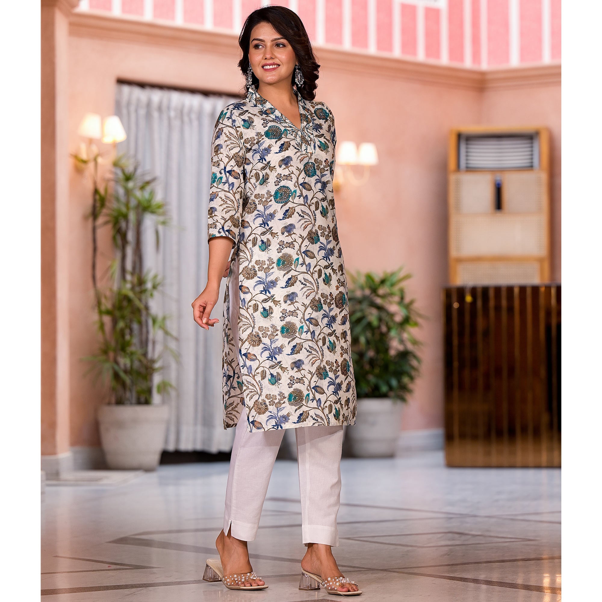 Chikoo & Turquoise Floral Printed Pure Cotton Kurti With Handcrafted