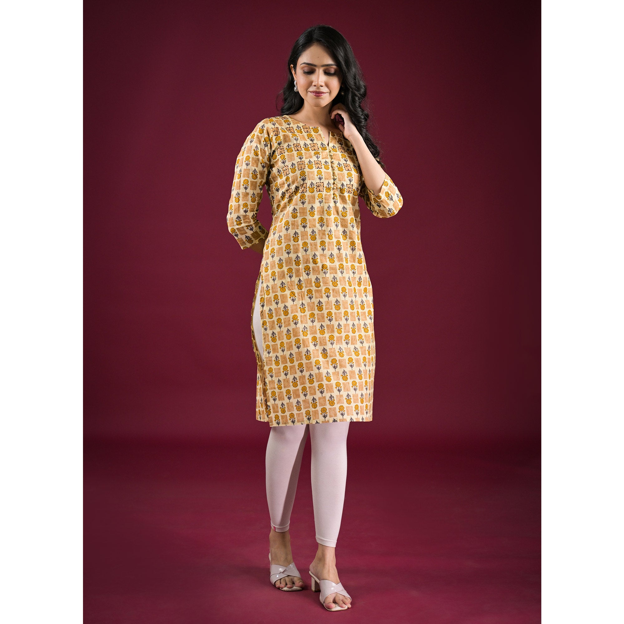 Mustard Floral Printed Pure Cotton Straight Kurti