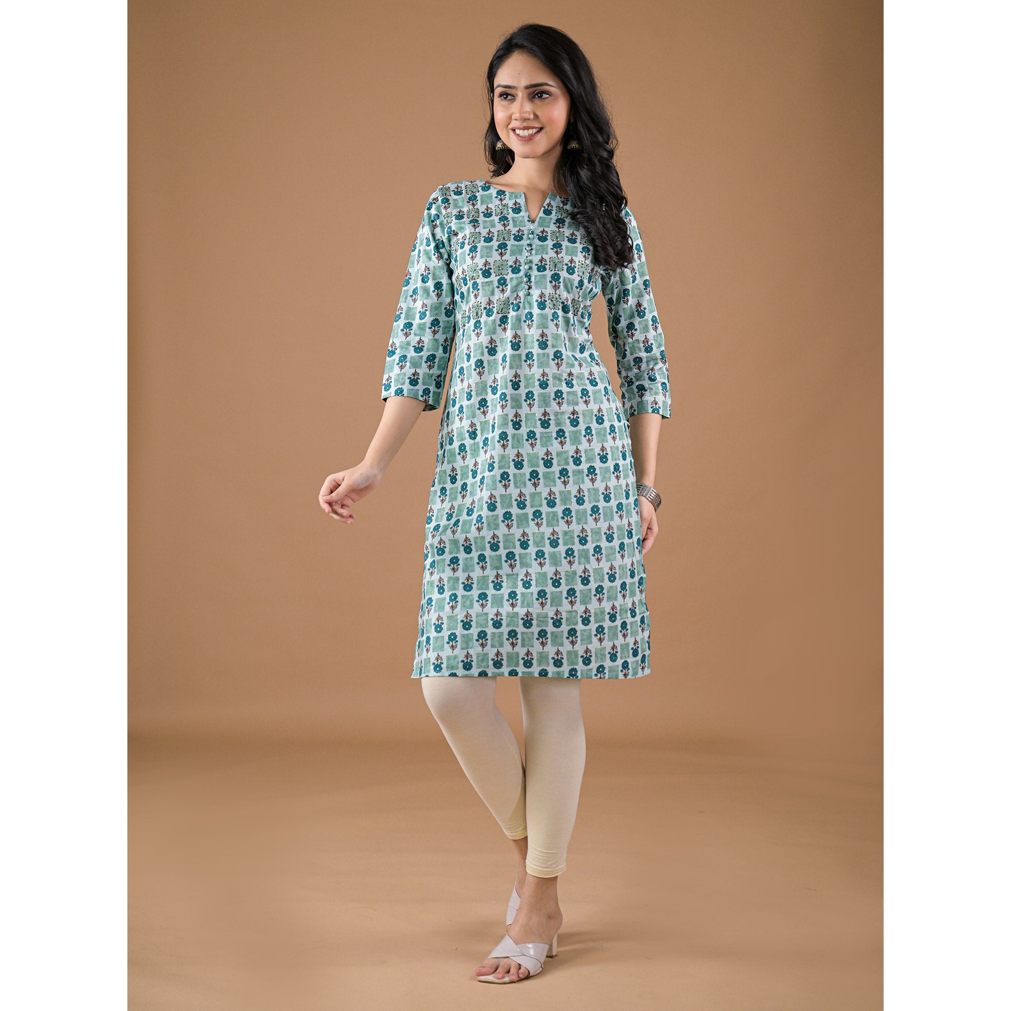 Sea Green Floral Printed Pure Cotton Straight Kurti