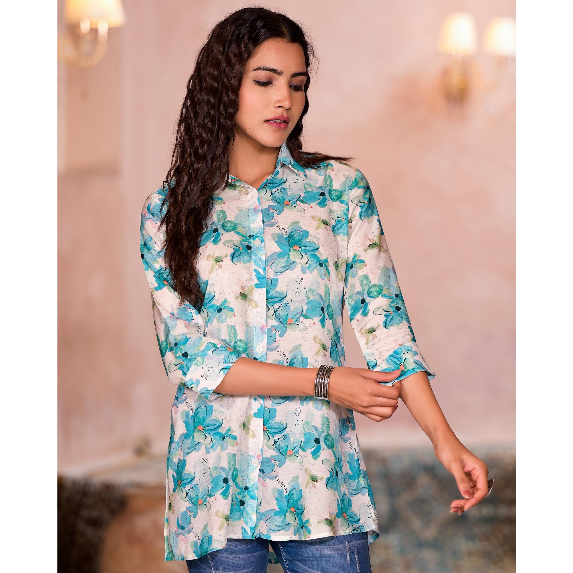 Turquoise Floral Printed Muslin Top