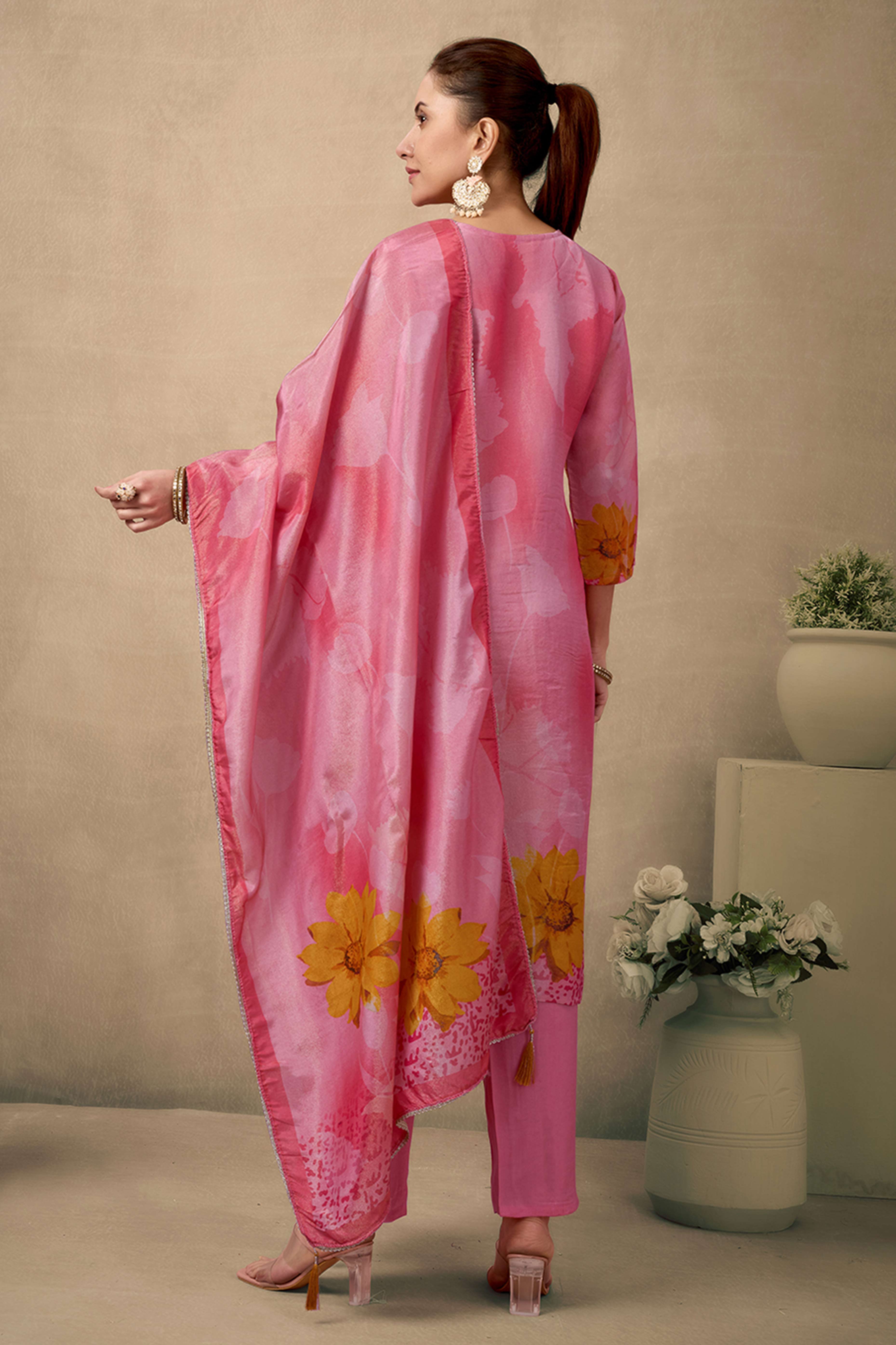 Bright Peach Organza Straight Suit Enhanced with Detailed Embroidery in Stones and Beads