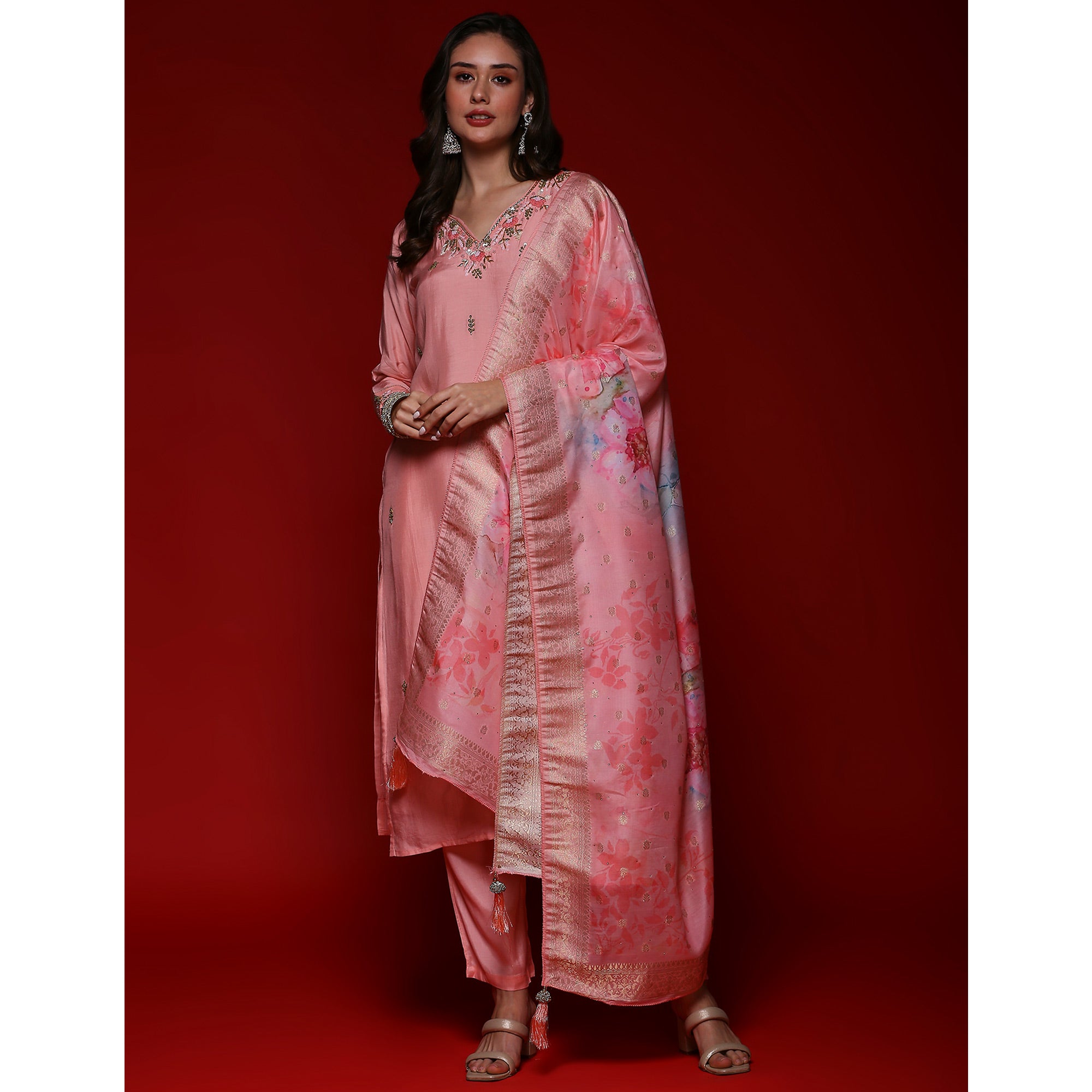 Pink Floral Embroidered Muslin Straight Salwar Suit