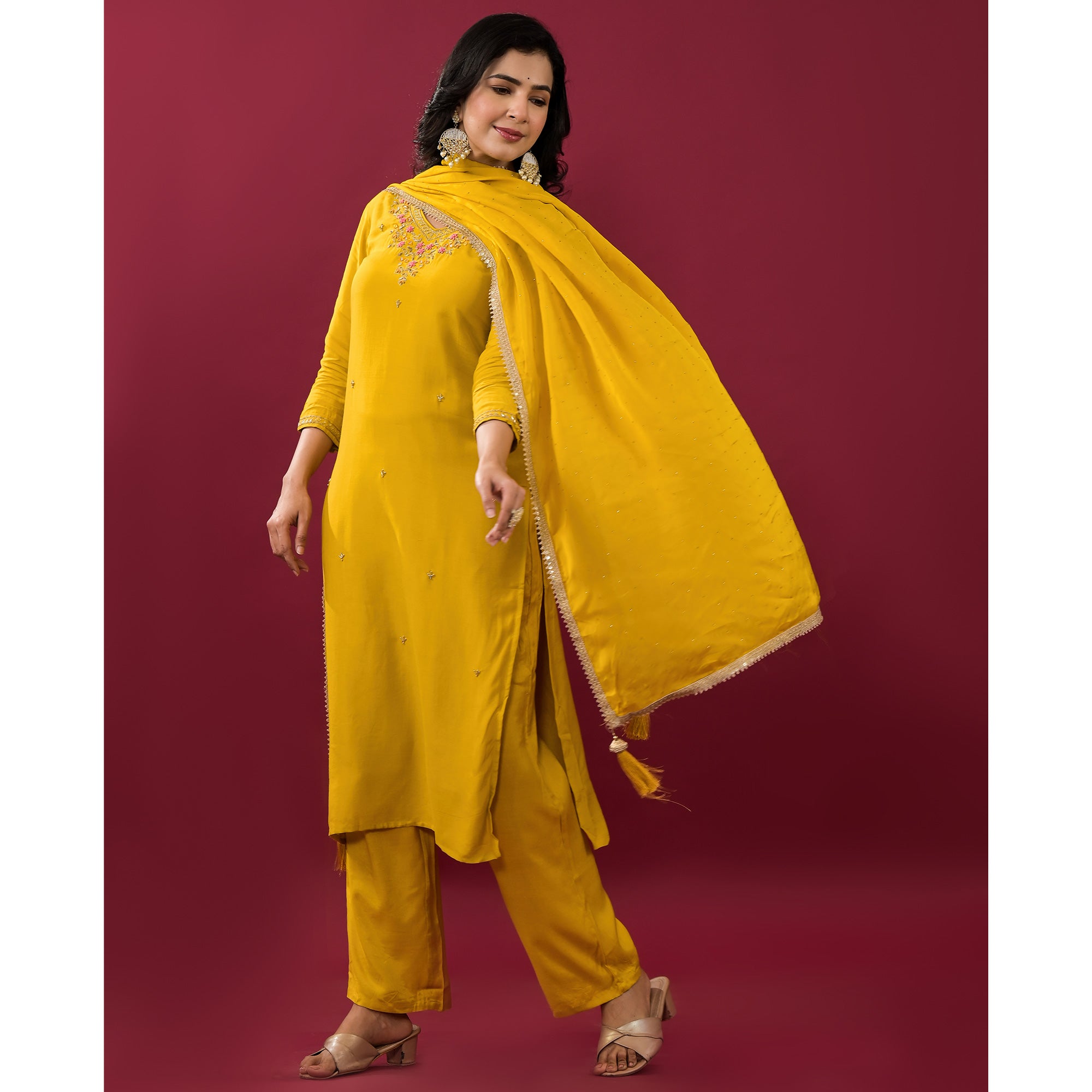 Mustard Embroidered Muslin Straight Salwar Suit