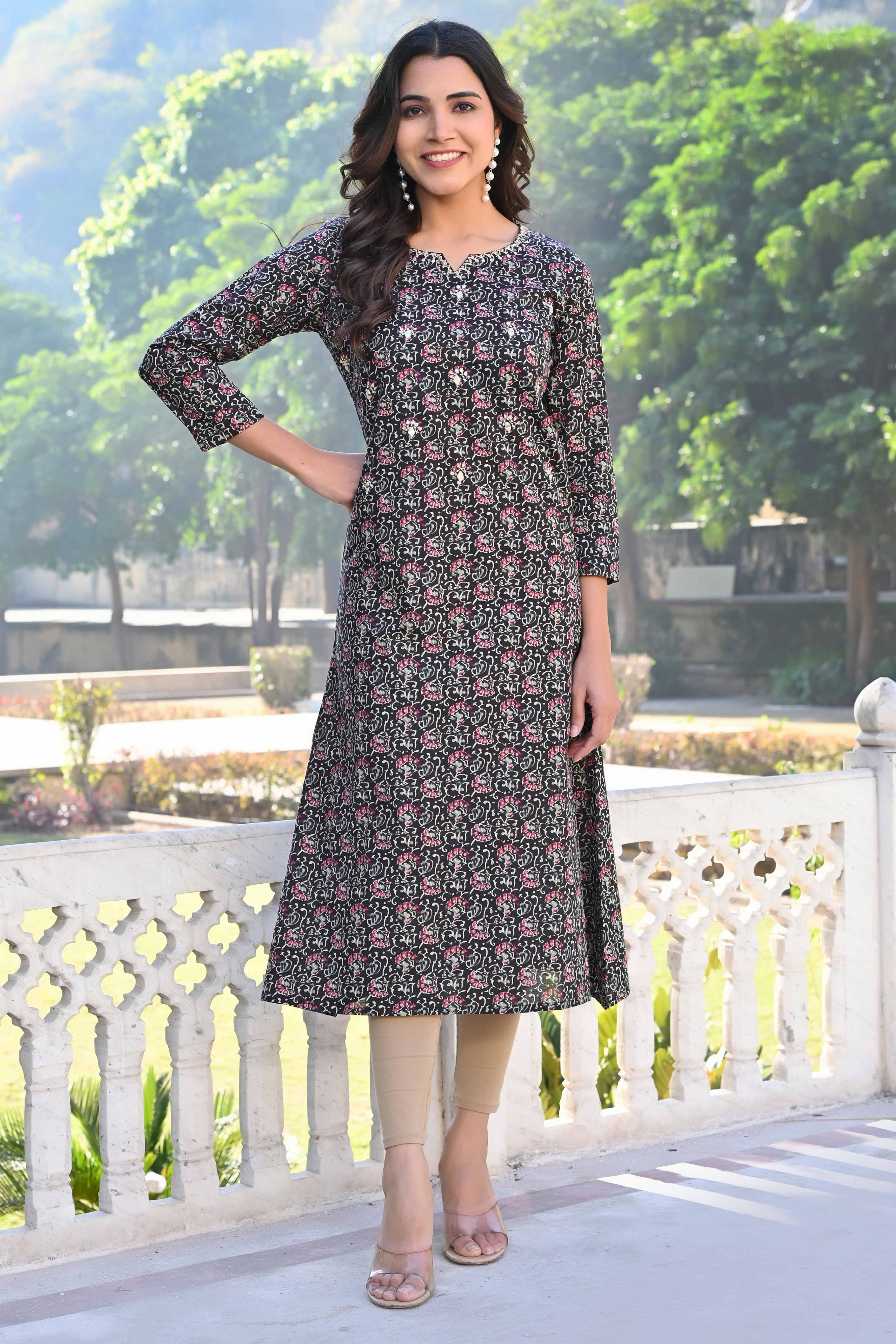 Black Floral Printed Pure Cotton Straight Kurti