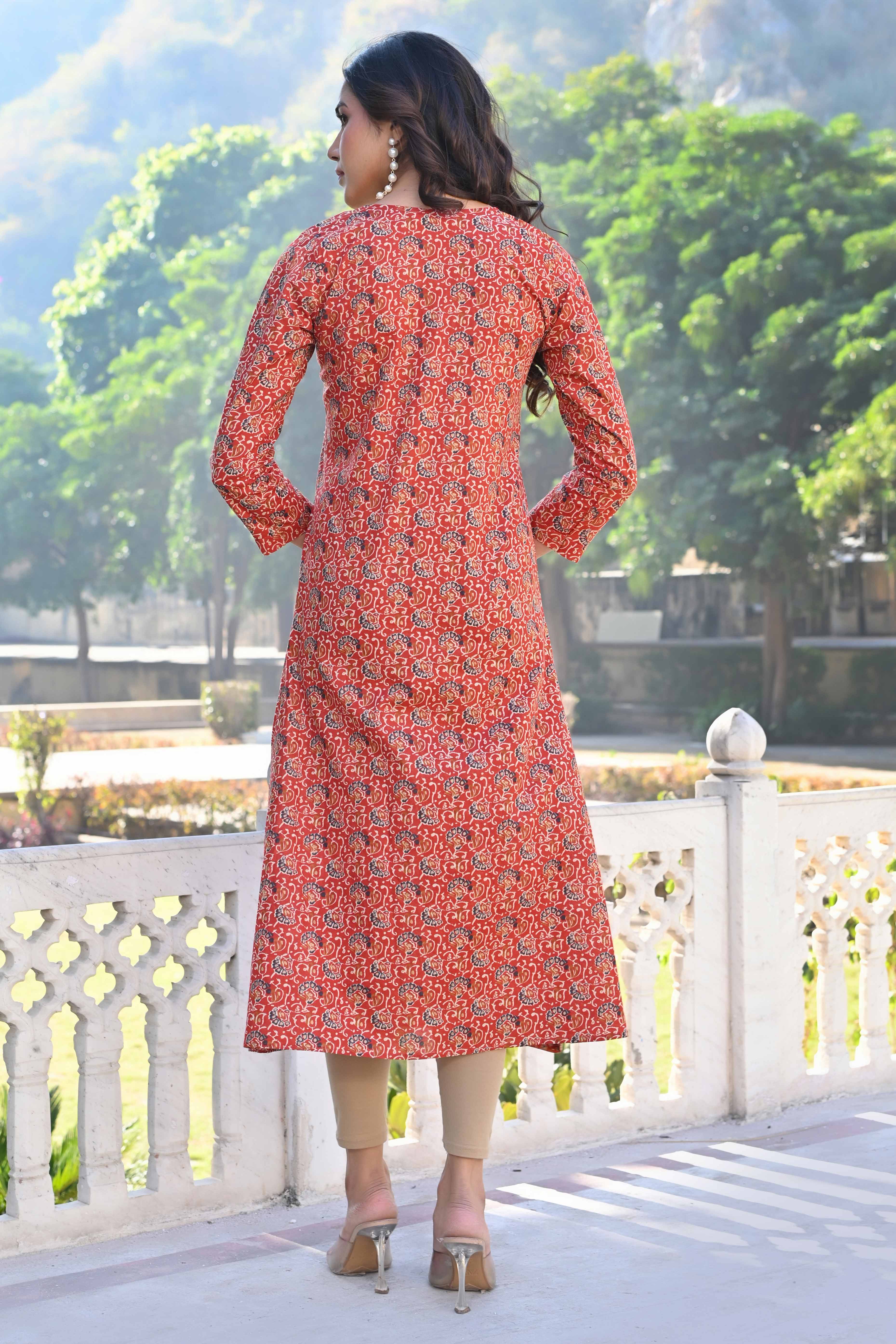 Red Floral Printed Pure Cotton Straight Kurti