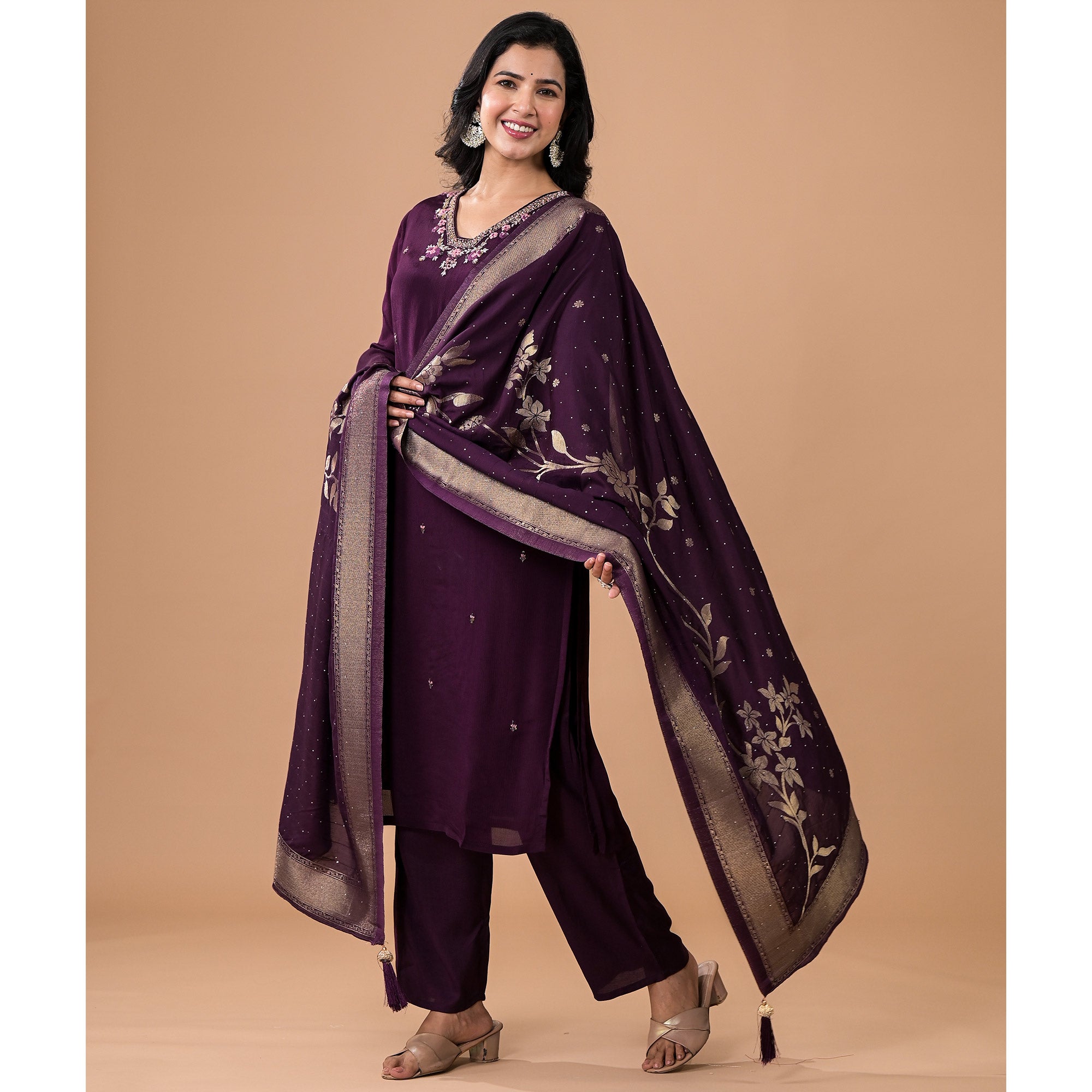 Purple Embroiderd Chinon Straight Salwar Suit