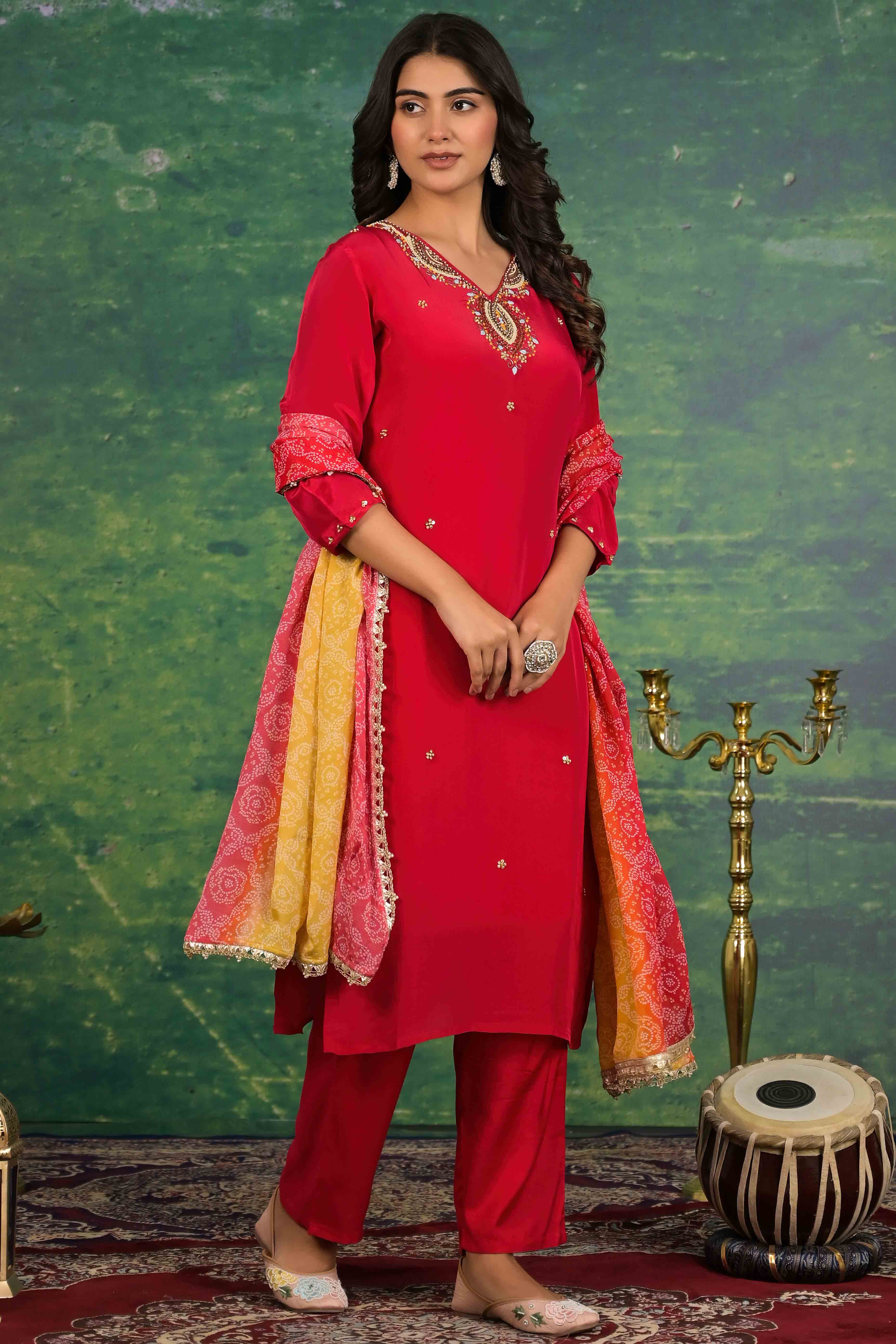 Red Beads Work Embroidered Crepe Salwar Suit