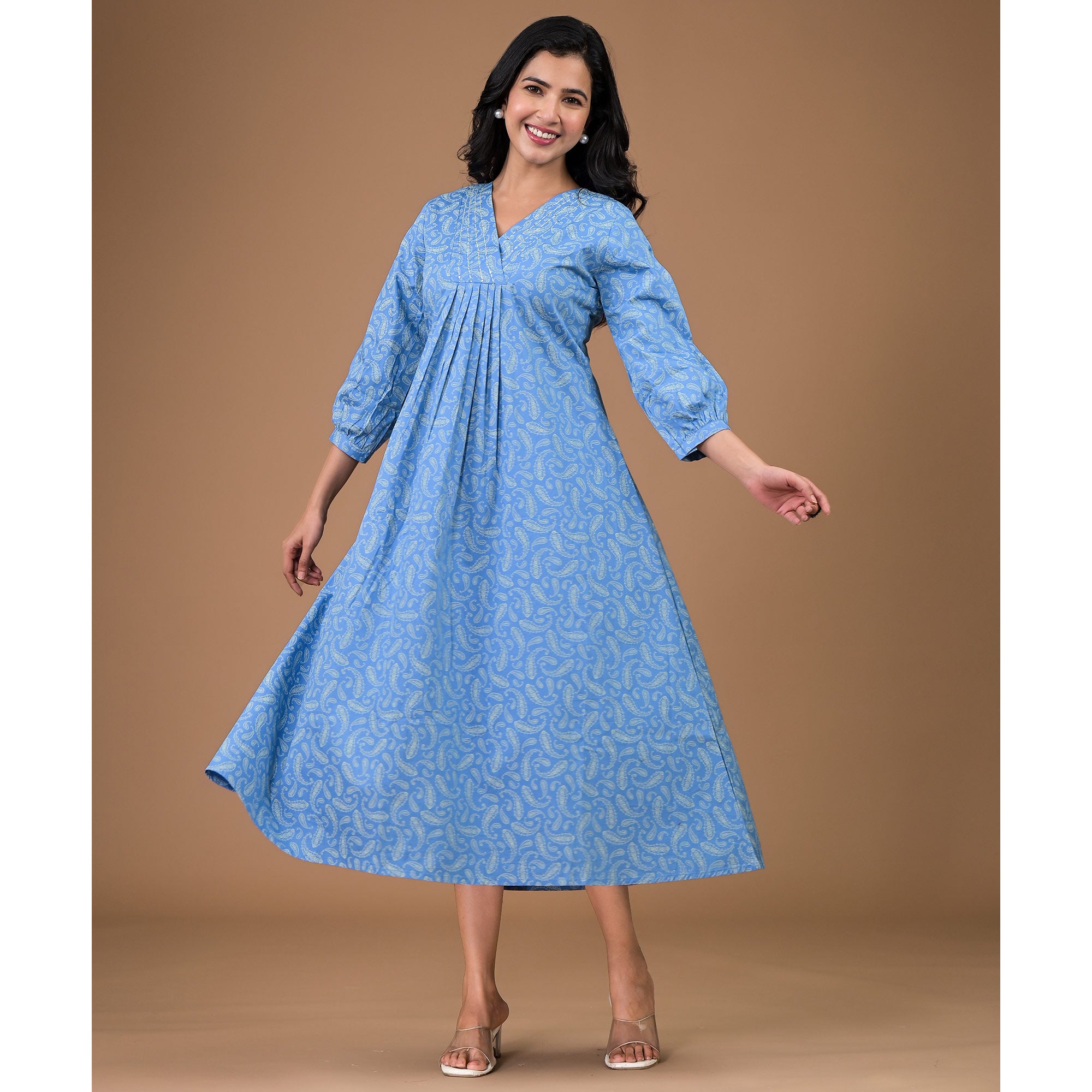 Blue Paisley Printed Satin A-Line Dress