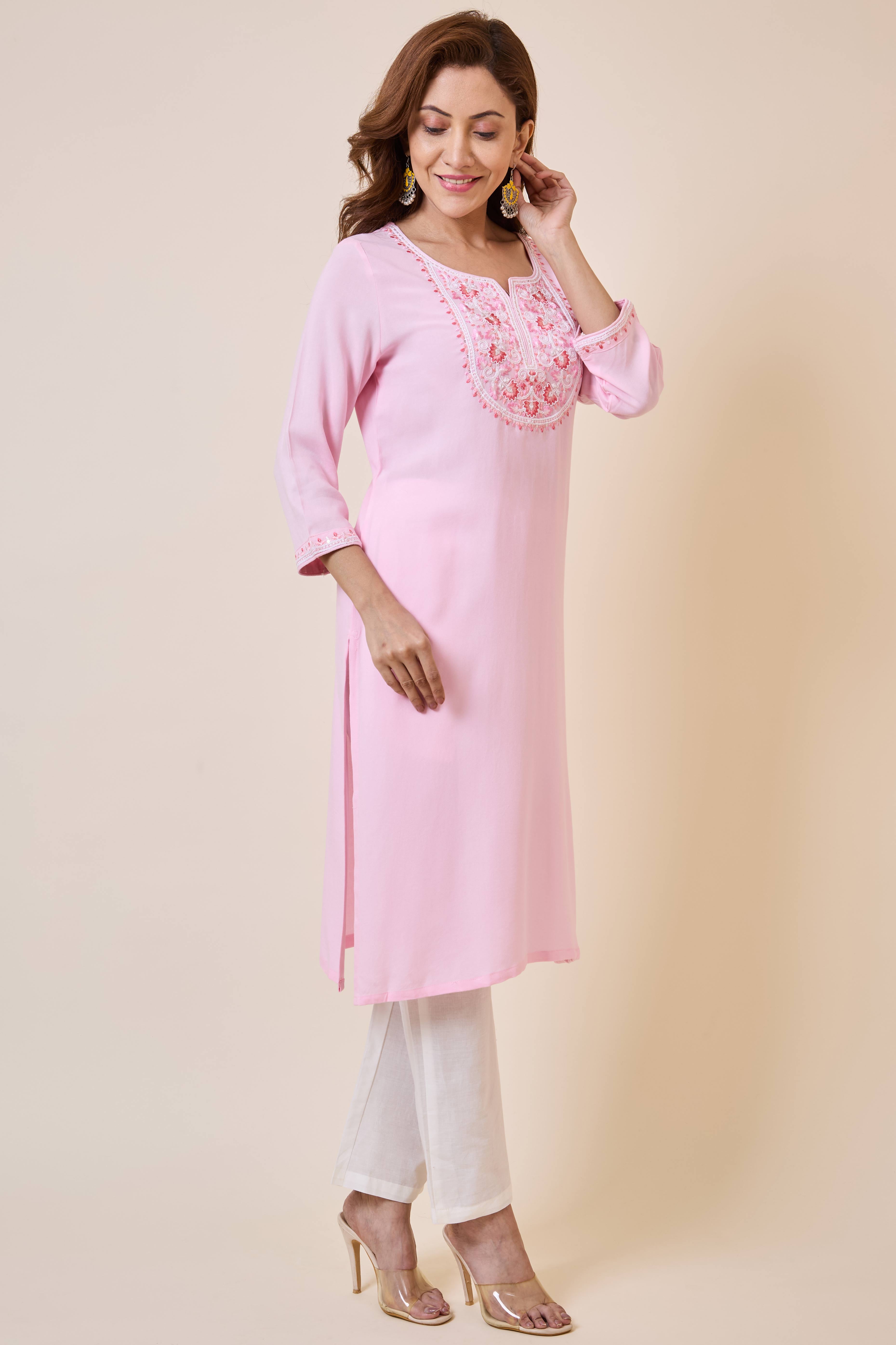 Light Pink Yoke Embroidered Rayon Straight Kurti