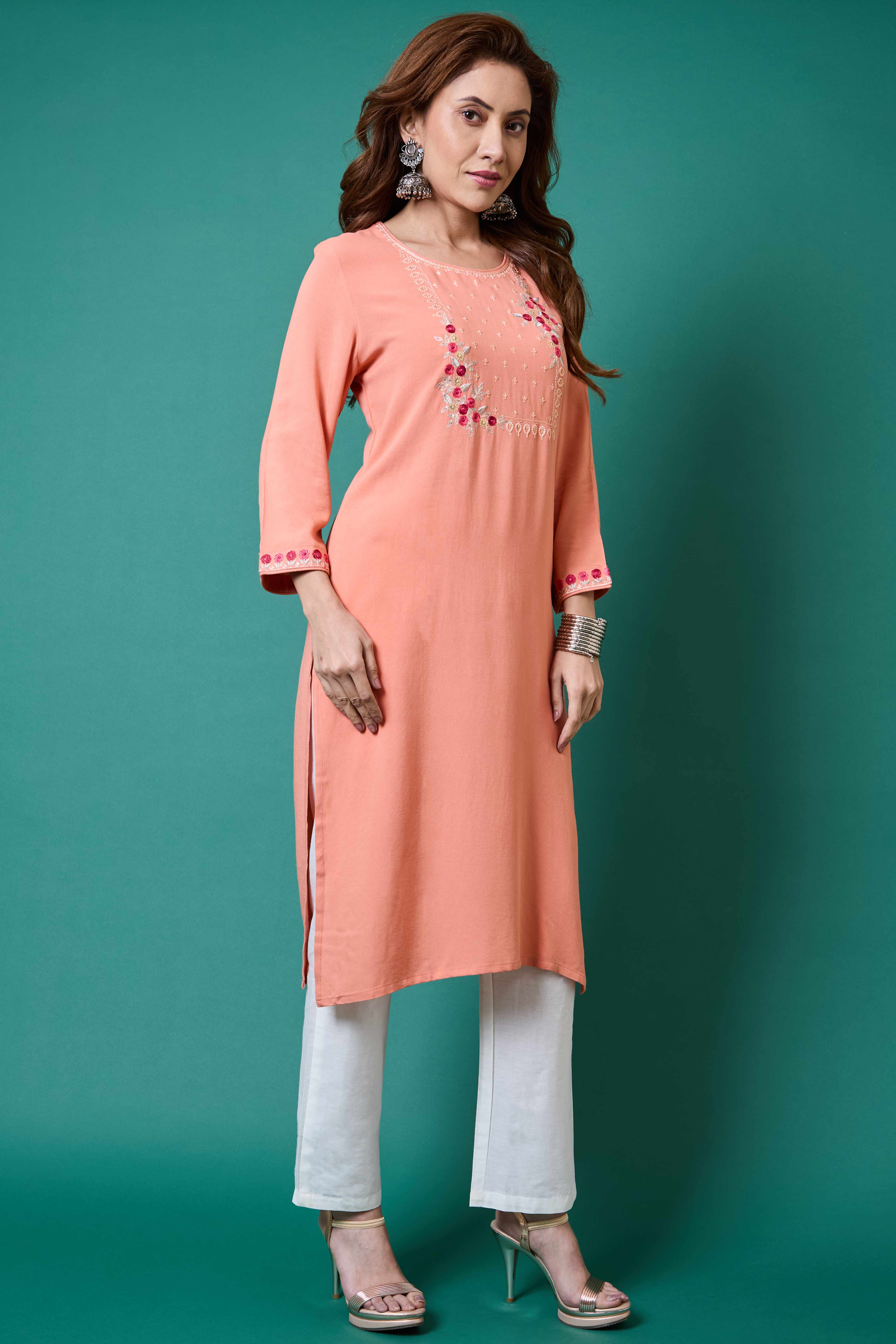 Peach Yoke Embroidered Rayon Straight Kurti