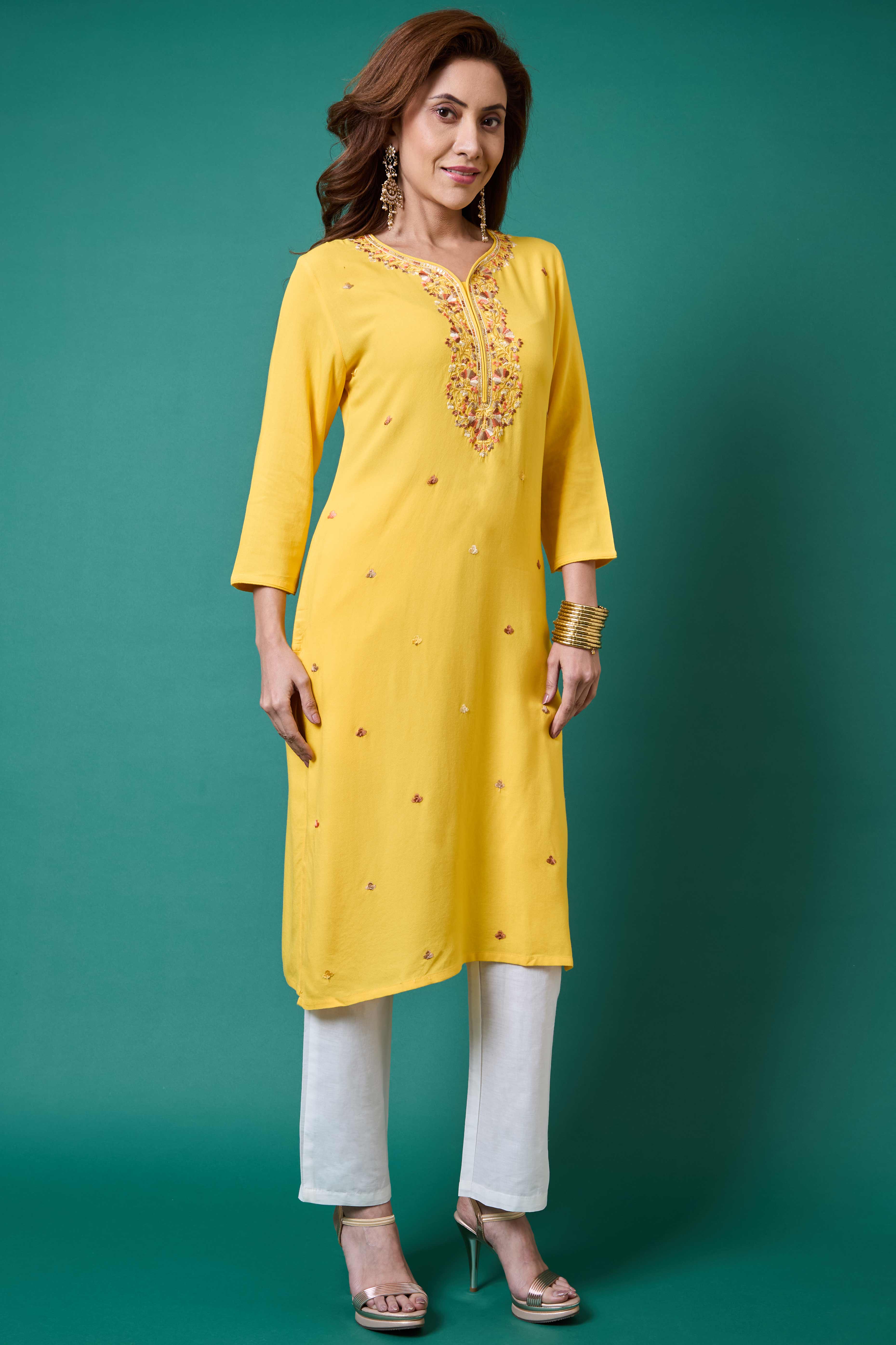 Yellow Yoke Embroidered Rayon Straight Kurti